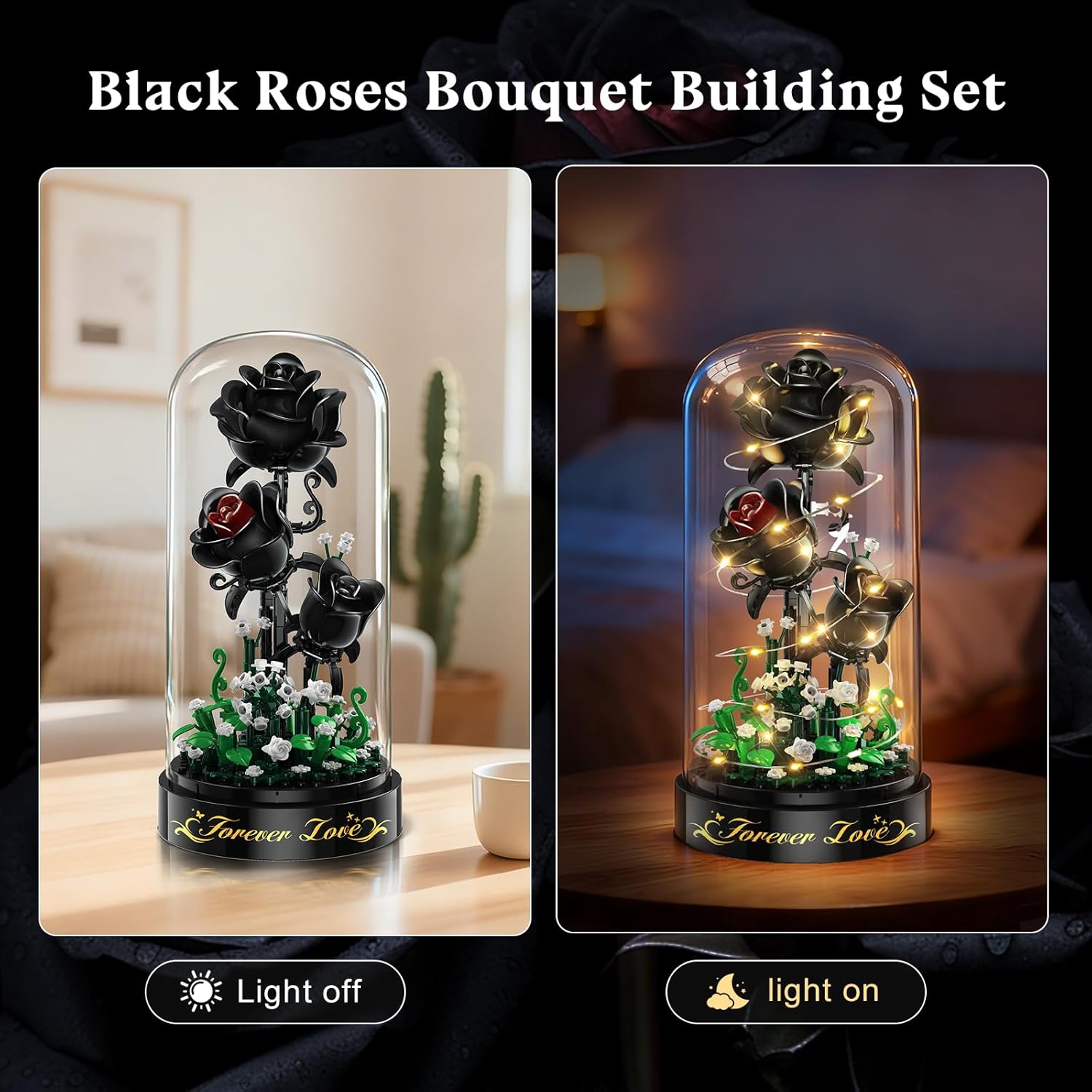 Detalle 2 de HiWEEGO Flower Building Set with LED Light - 232 PCS Black Rose Kit