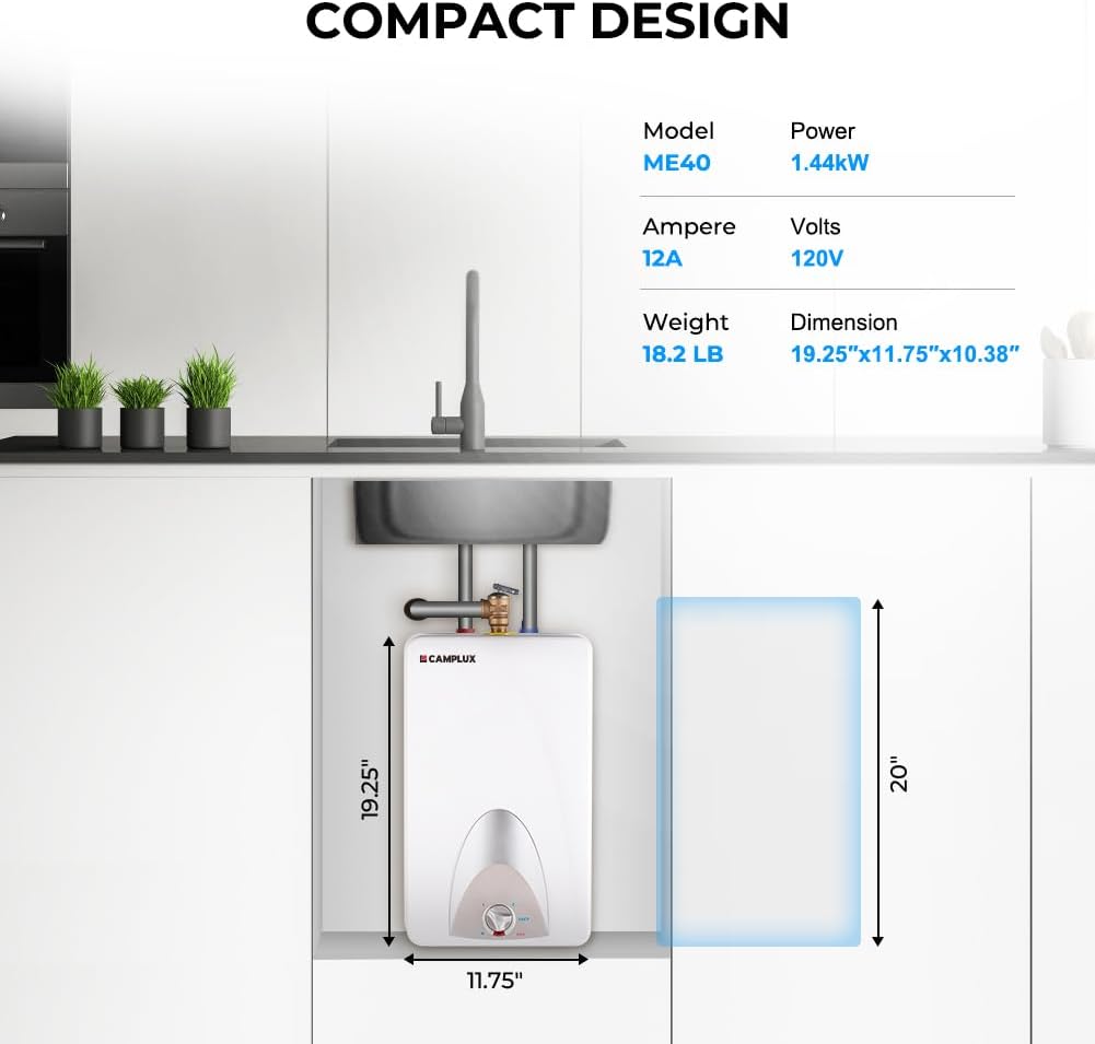 Detalle 2 de CAMPLUX ME40 4-Gallon Electric Mini-Tank Water Heater, 1440W, 120V