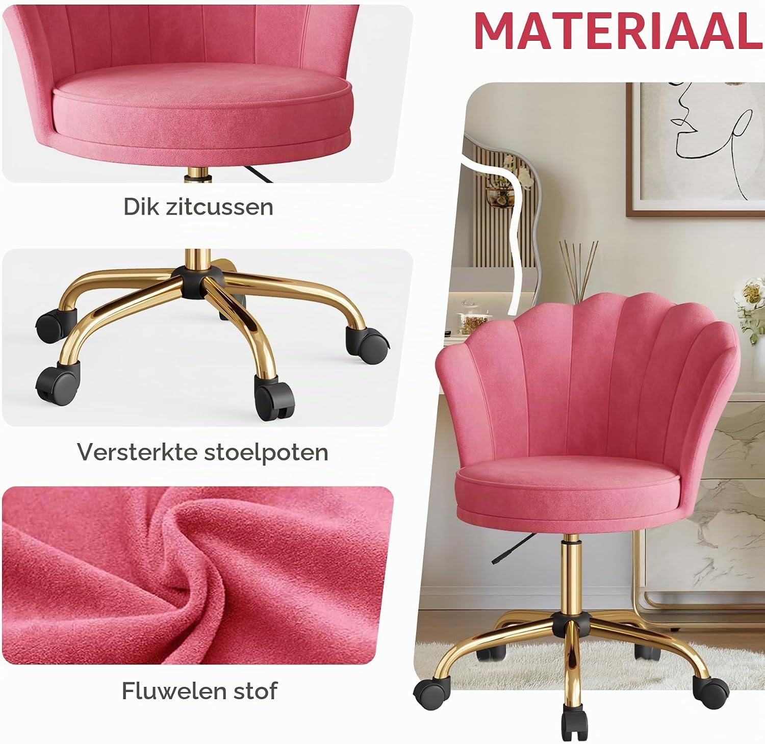 Detalle de Aivermeil XFU01157 bureaustoel en make-upstoel van fluweel, draaibaar en verstelbaar