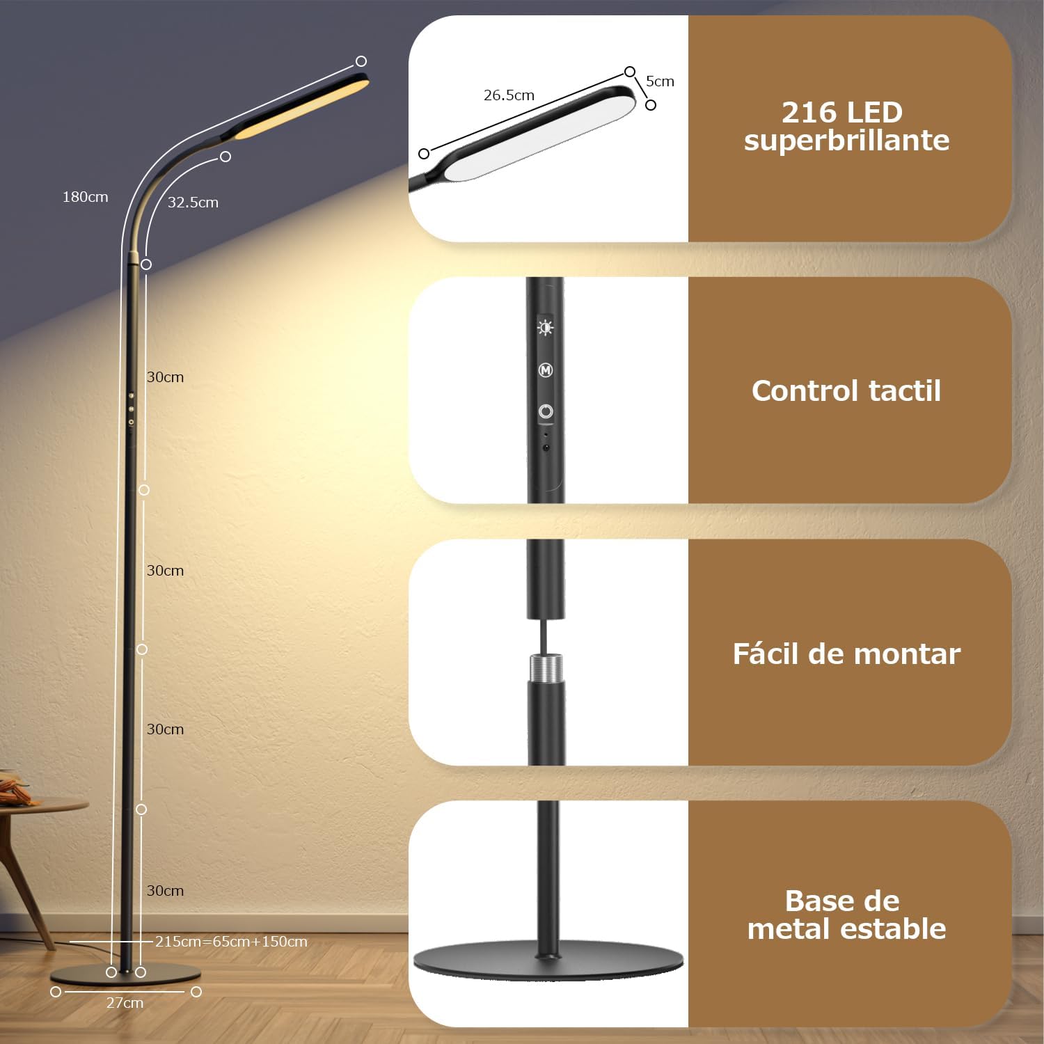 Thumbnail 5 de OUSFOT Lampada da Terra LED Dimmerabile 170 cm con Collo D'oca, Controllo Touch e Telecomando