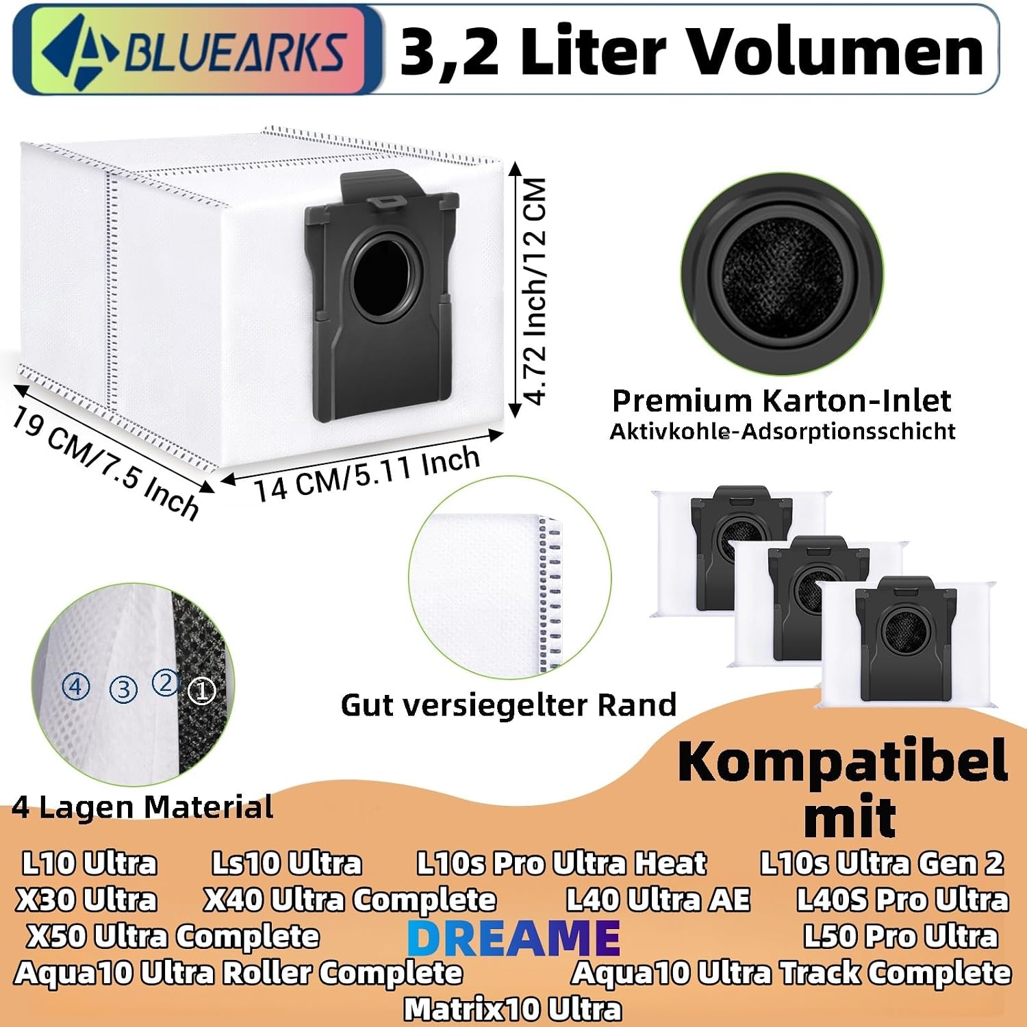 Detalle de Bluearks 14 Staubbeutel für Dreame L10s Ultra Gen 2/Gen 3 & weitere Modelle – 3,2 Liter mit Aktivkohleschicht