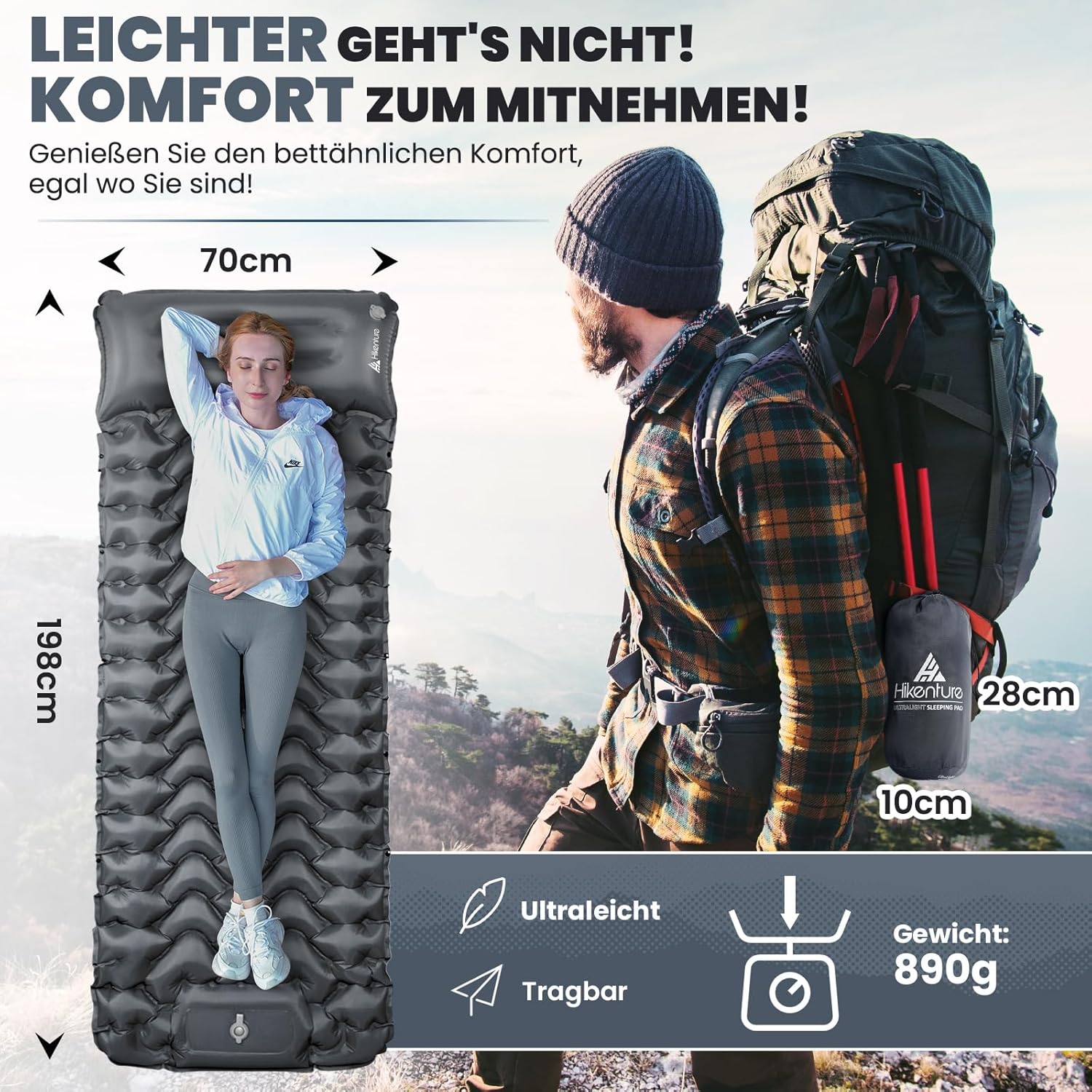 Detalle de HIKENTURE Isomatte Camping – 10 cm Höhe, kompakt aufgeblasen mit Fußpumpe, 198 × 70 cm