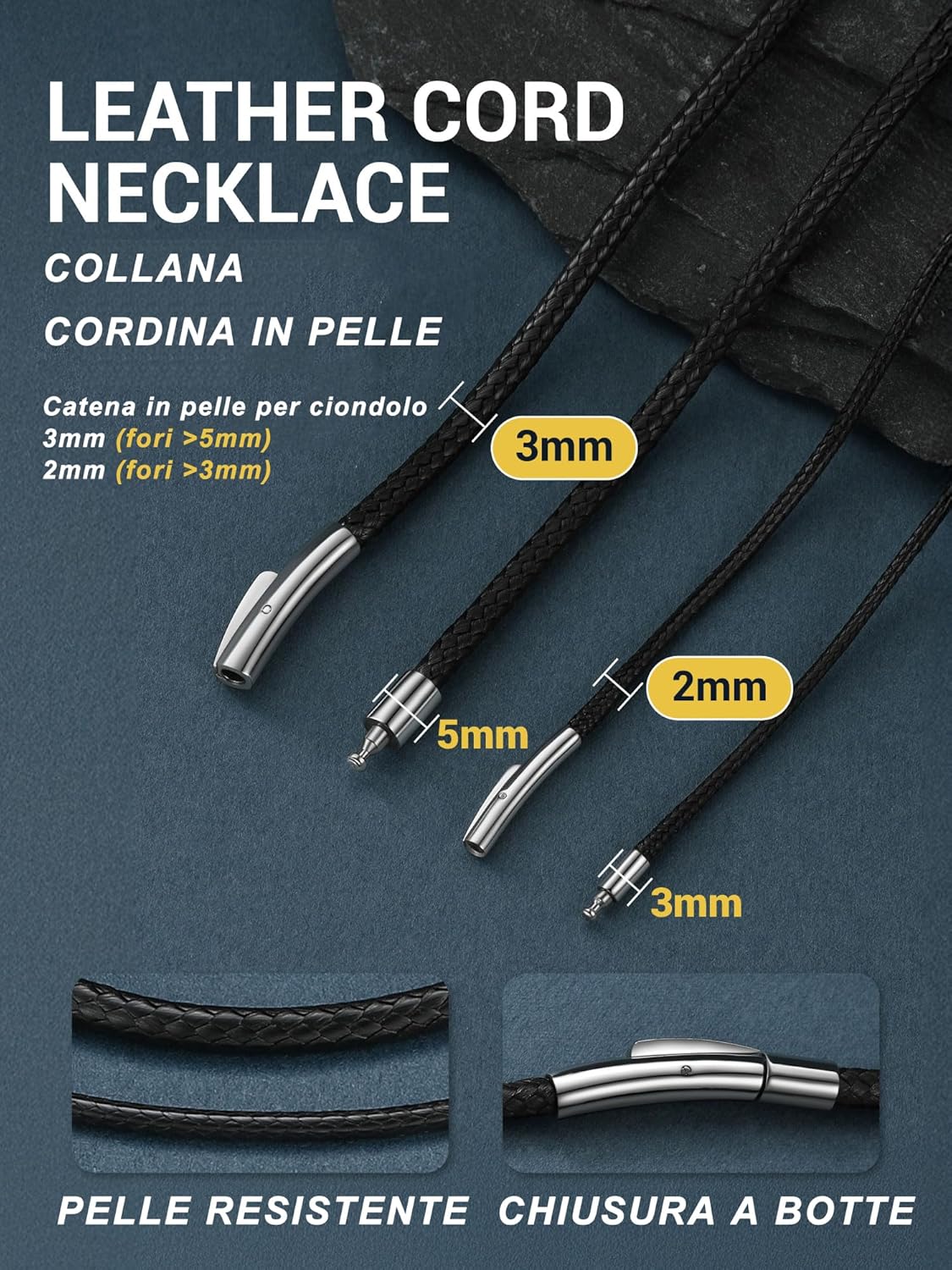 Thumbnail 2 de PROSTEEL Collana in Pelle Caucciu 3 mm, Cordina Nera Impermeabile con Chiusura in Acciaio Inox – 41–76 cm