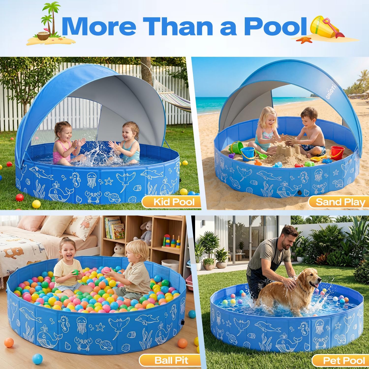 Detalle 2 de Qmioti 63in Kiddie Pool with Canopy – Foldable, Portable Shade Pool for Kids and Pets