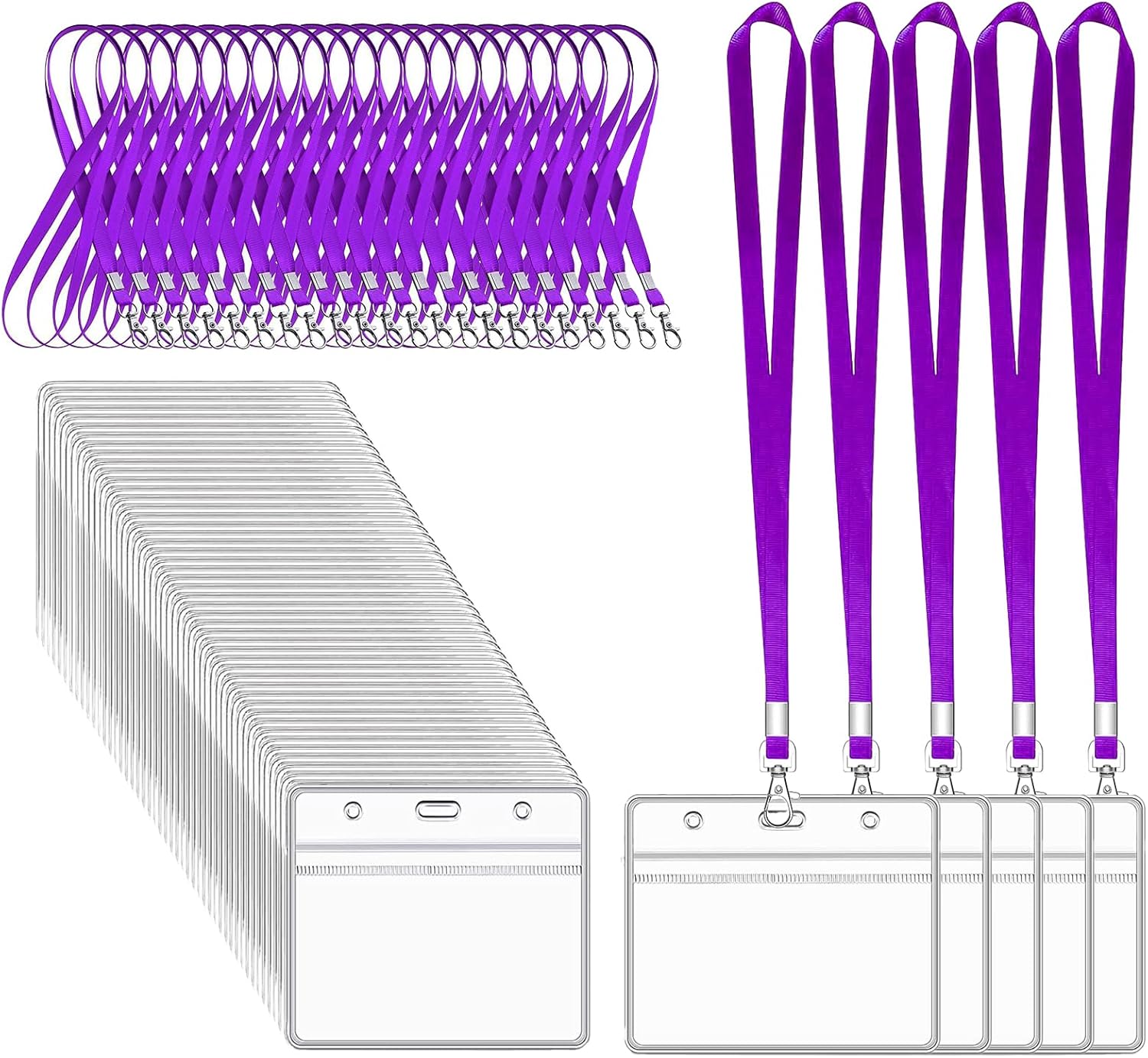 XHDA Purple 50PCS Lanyards with Clear PVC Card Holders (50-pack)