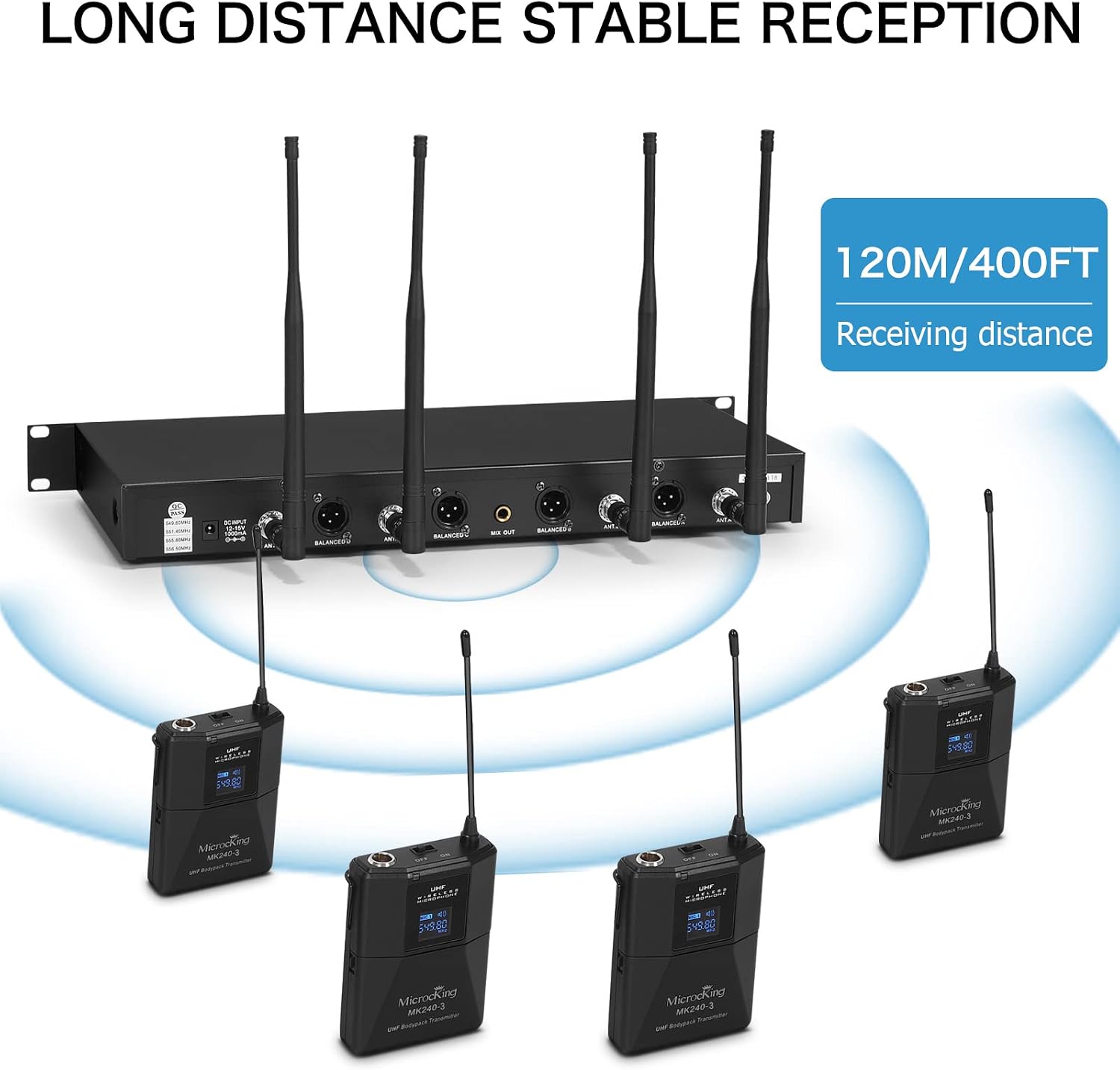 Detalle 1 de MicrocKing MK240-3 Wireless Microphone System, 4 Channels with Bodypacks