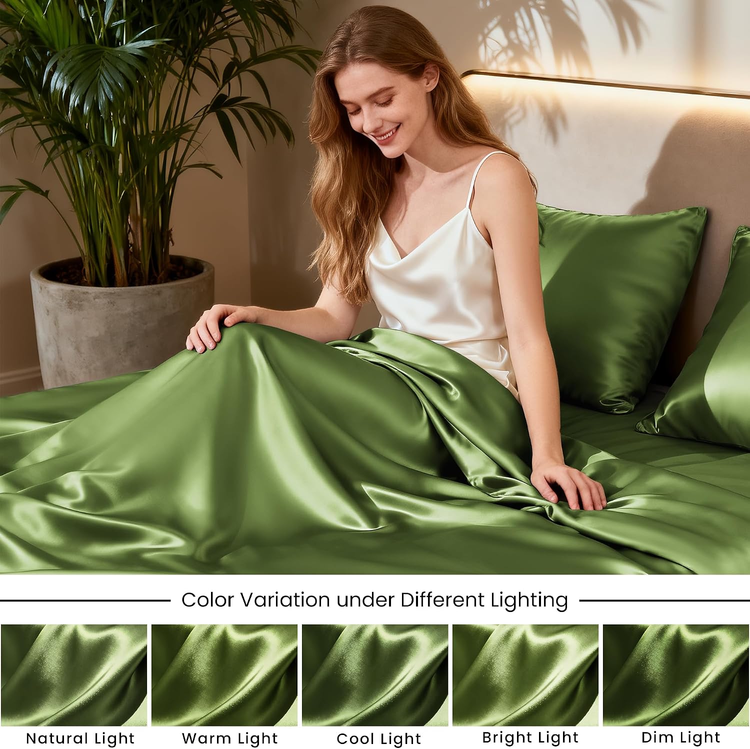 Thumbnail 6 de Love's cabin Satin King Sheet Set, 4-Piece, Sage, 15-Inch Deep Pockets
