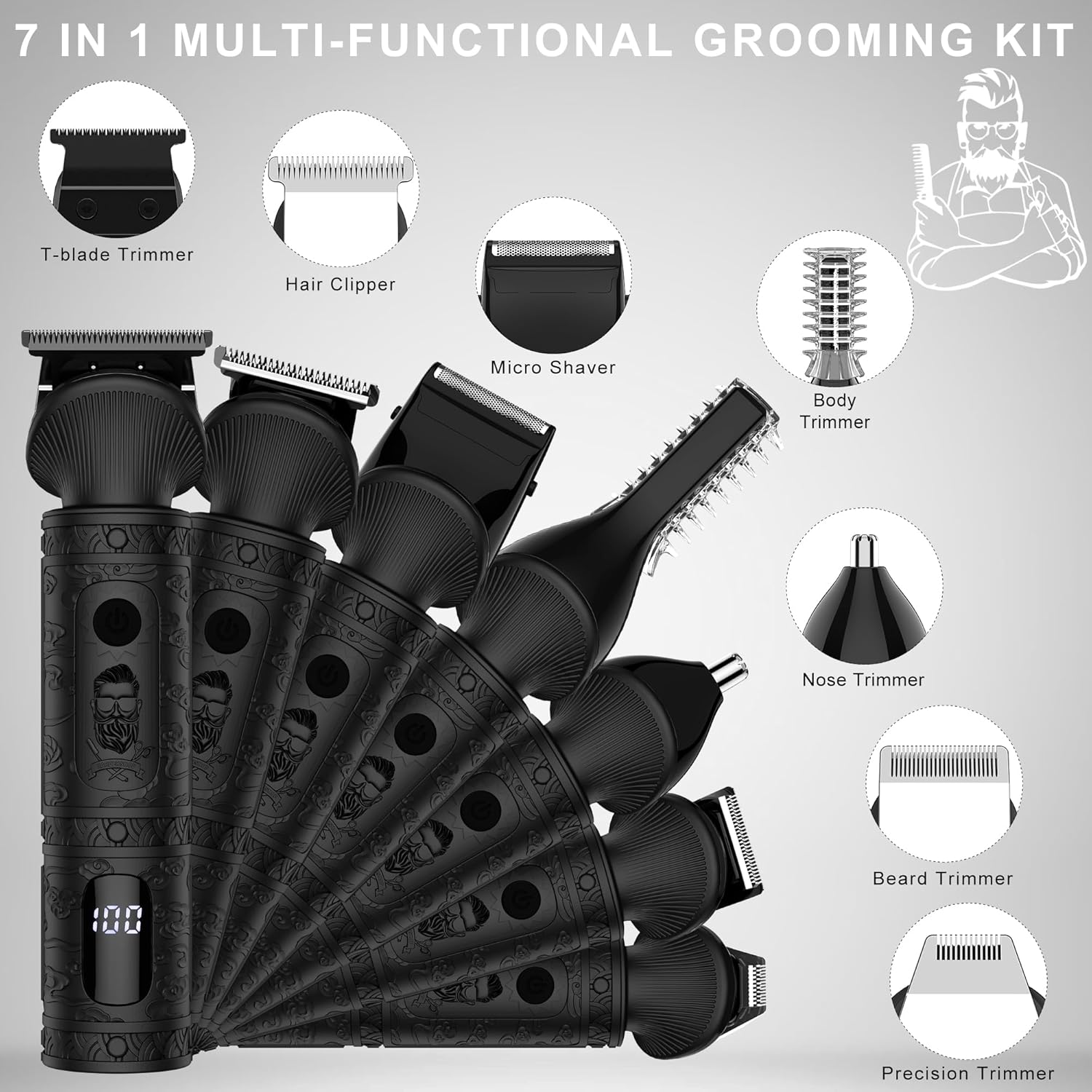 Thumbnail 1 de Surker 7 in 1 Beard Trimmer Grooming Kit (T-Blade), cordless electric trimmer with USB charging and LED display