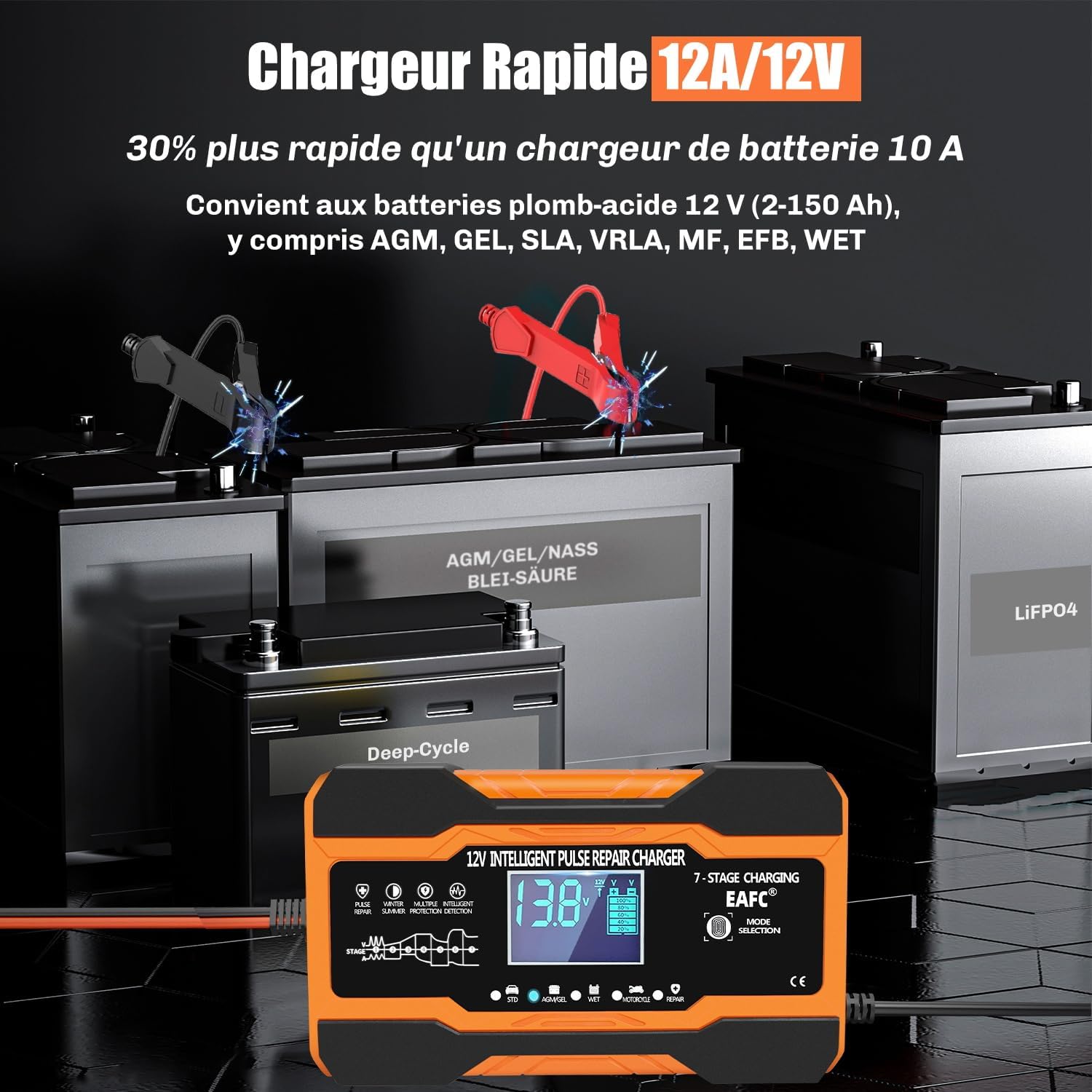 Detalle de EAFC Chargeur de Batterie Voiture 12A 12V Intelligent avec écran LCD – Maintien et Réparation par impulsions