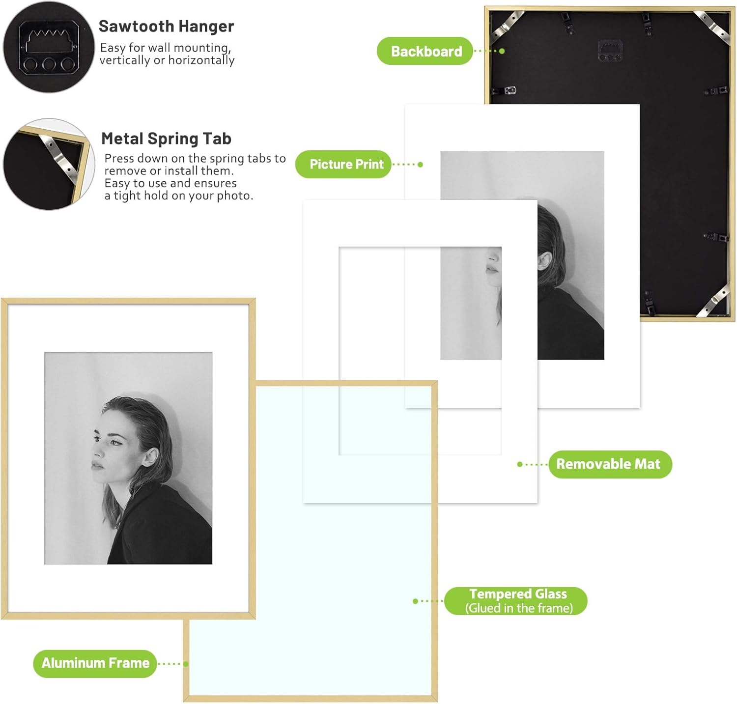 Thumbnail 5 de Golden State Art 11x14 Aluminum Picture Frame with Mat (Gold) — Real Glass Cover for 8x10 or 11x14 Photos