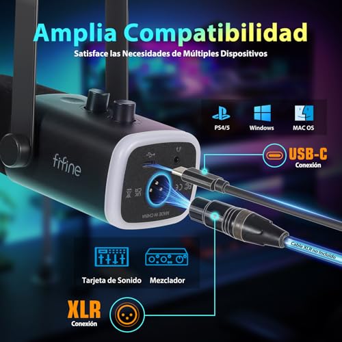 Detalle de FIFINE XLR Streaming Micrófono dinámico de podcast: USB/XLR, RGB y brazo para PC, PS4/PS5
