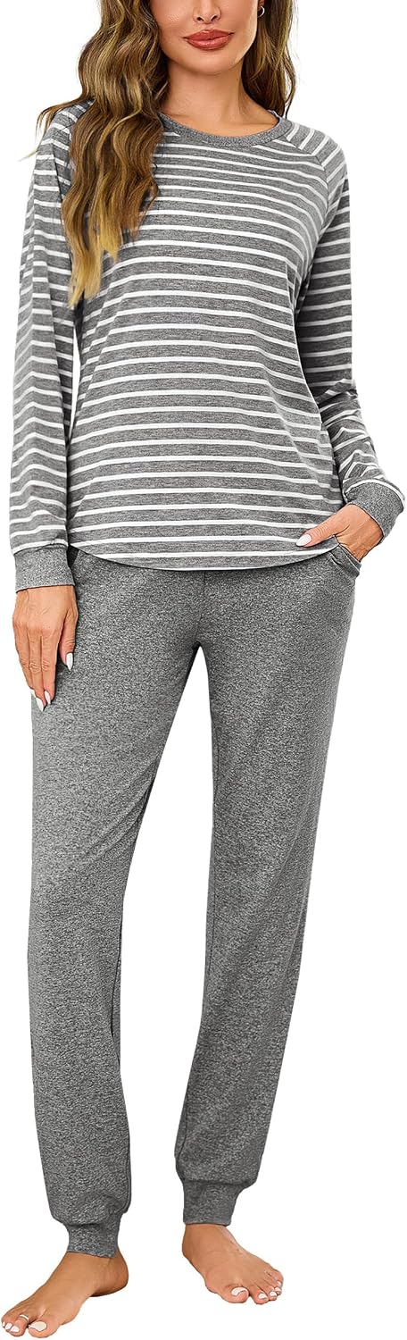 Detalle de Litherday Pyjama Femme Hiver en Coton – Ensemble rayé à manches longues, col rond