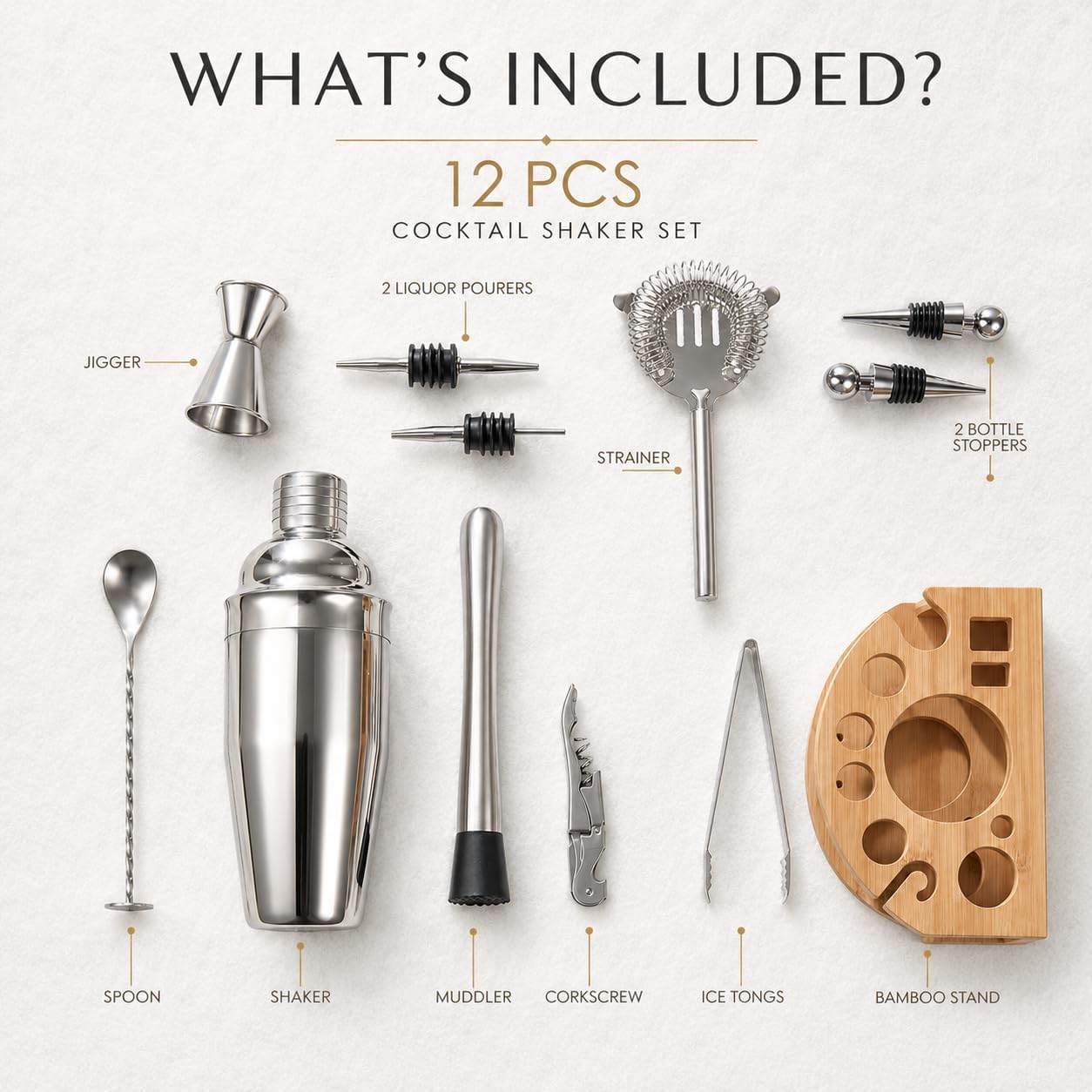 Detalle de Cocktail Shaker Set Esmula 750ML – 12-Teiliges Edelstahl Barkeeper Kit mit Bambusständer
