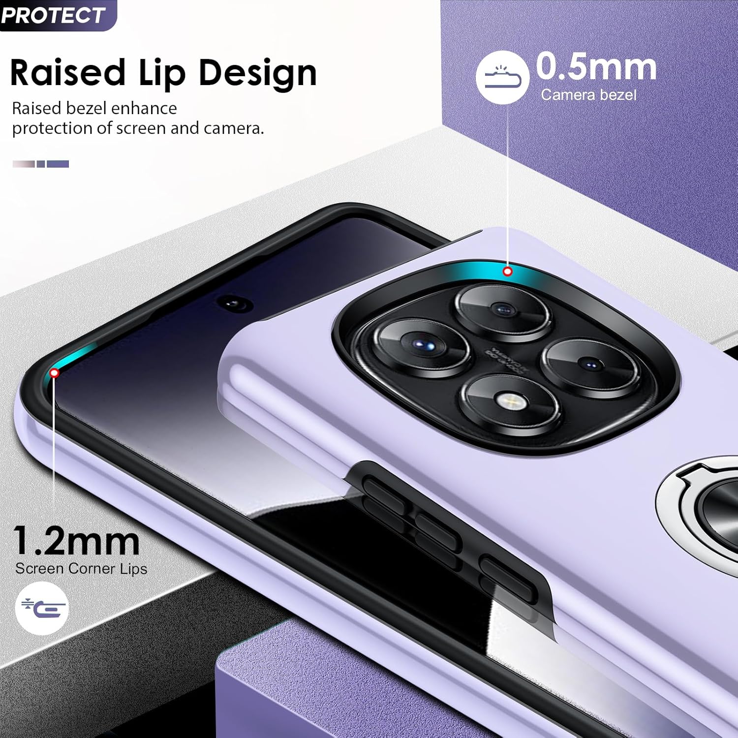 Detalle de Coque LeYi pour Xiaomi Redmi Note 14 Pro 5G/4G et Note 14 Pro Plus 5G – TPU/PC, anneau invisible, protection antichoc, mauve