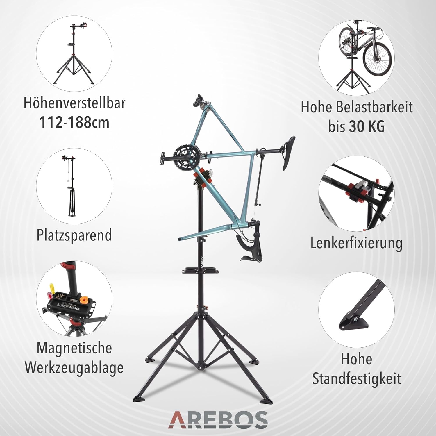 Detalle de Arebos Fahrrad-Montageständer mit Tasche – 360° drehbar, belastbar bis 30 kg