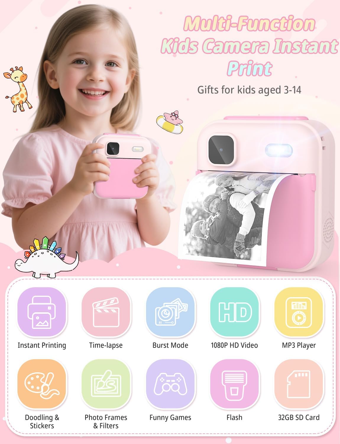 Thumbnail 2 de YOHOOLYO Kids Camera Instant Print: 32GB, 3 Paper Rolls, 2.4" Display, 1080P Video – Pink