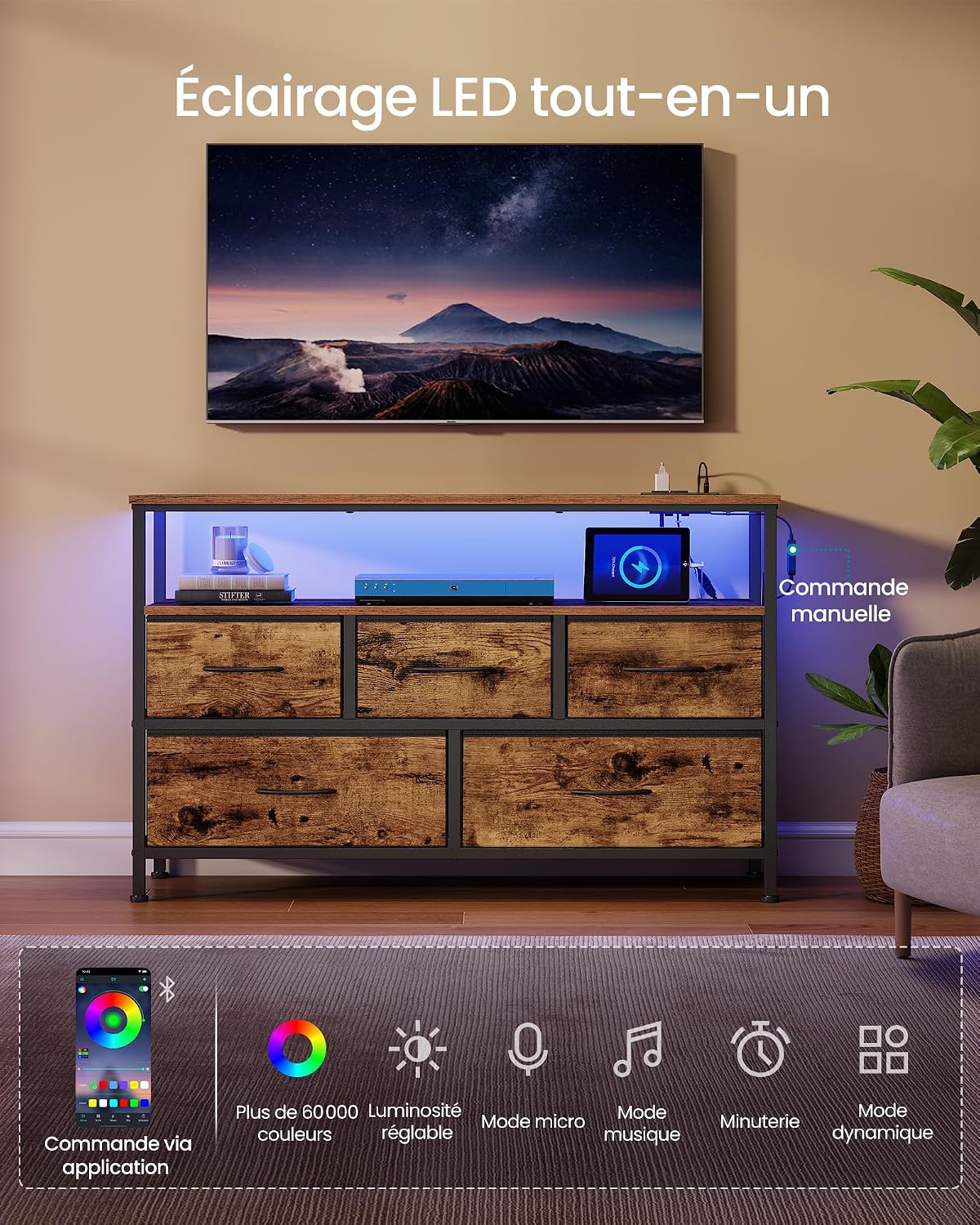 Thumbnail 4 de SONGMICS BELLAH LGS723KD01 commode met ledverlichting, 5 stoffen lades en stopcontacten