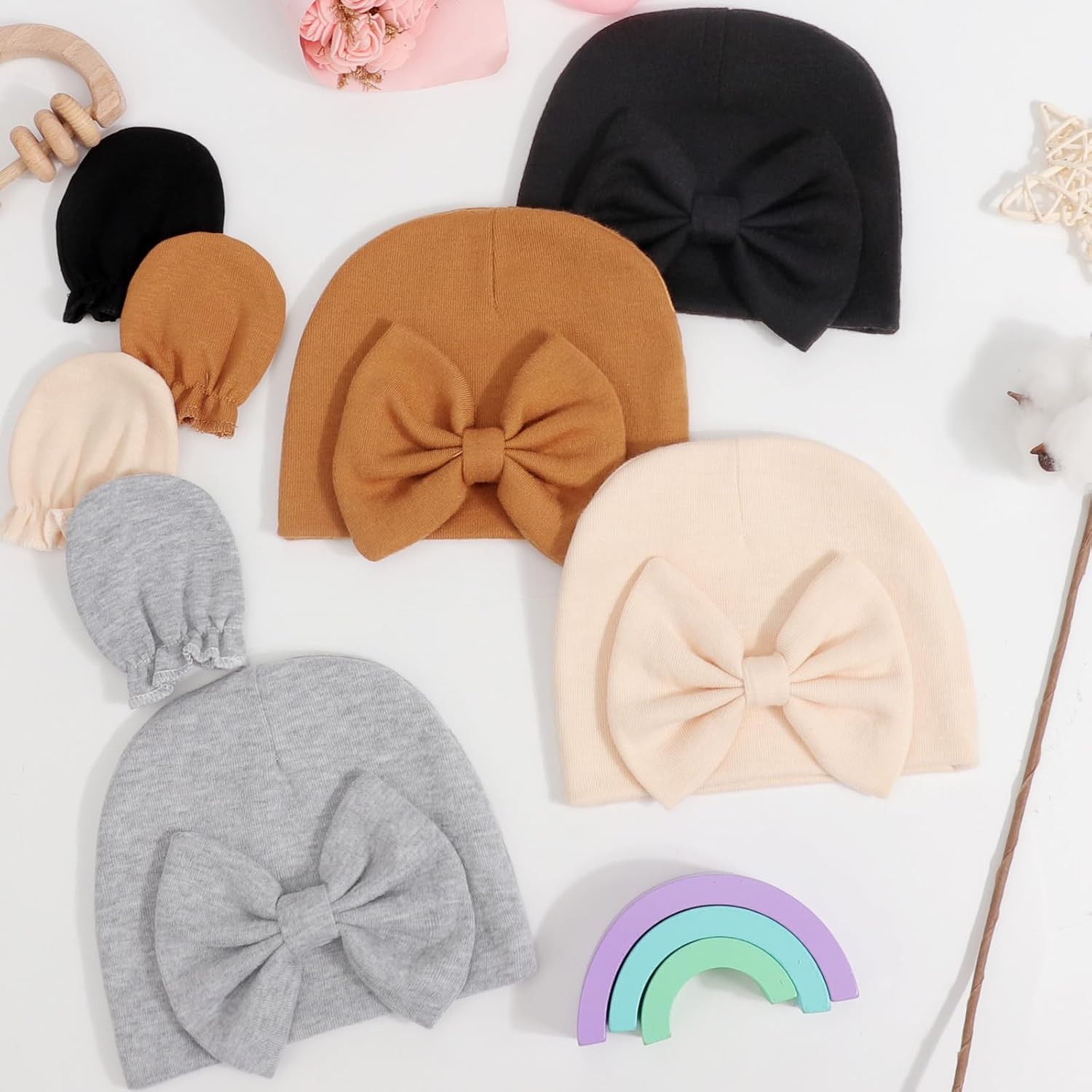 Thumbnail 6 de DRESHOW Newborn Baby Hats Mittens Set: Soft Cotton Beanies with Scratch-Free Mittens for 0–6 Months
