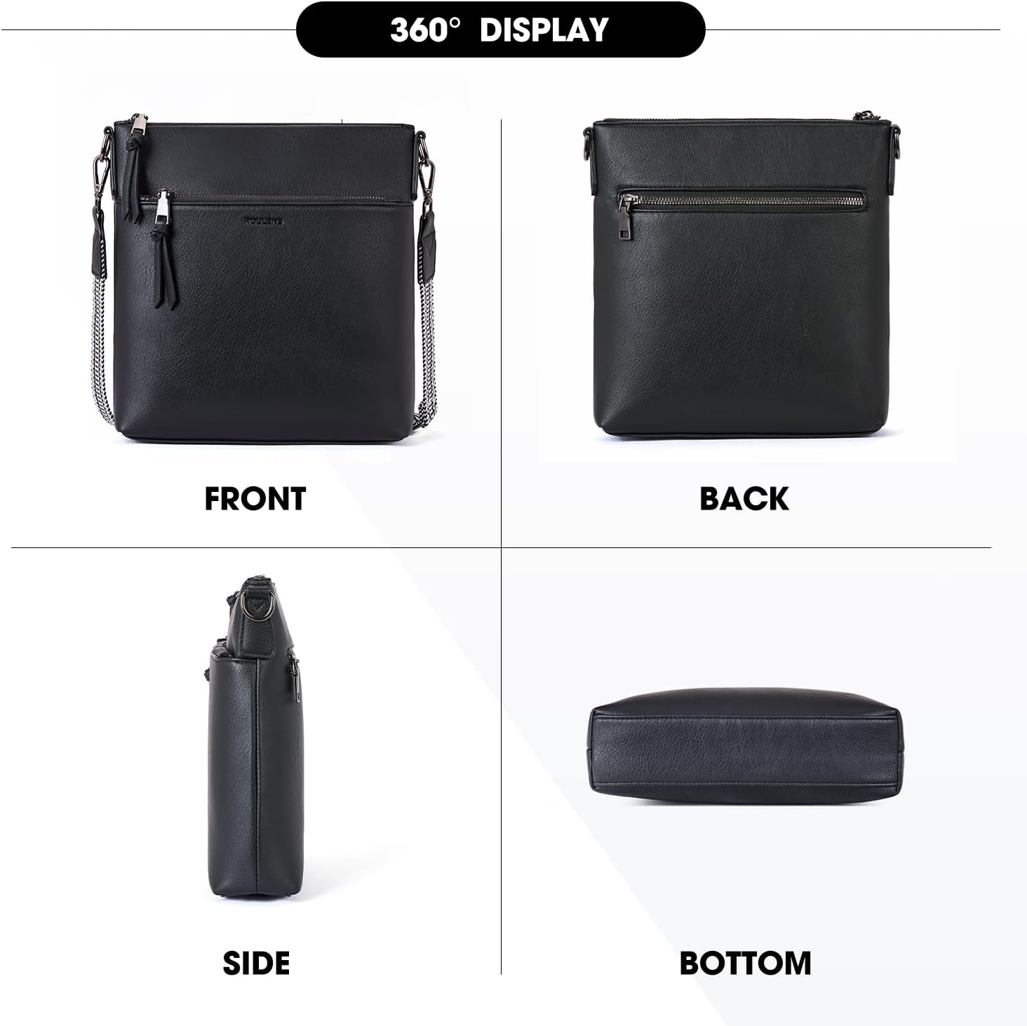 Detalle de Roulens Mittel Damen Umhängetasche aus veganem Leder – RFID-Schutz, drei Fächer, Crossbody