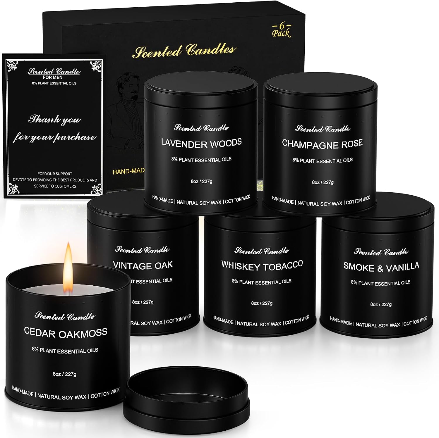 Detalle de 6-Pack Scented Candles for Men – Whiskey Tobacco & More in a Premium Gift Box