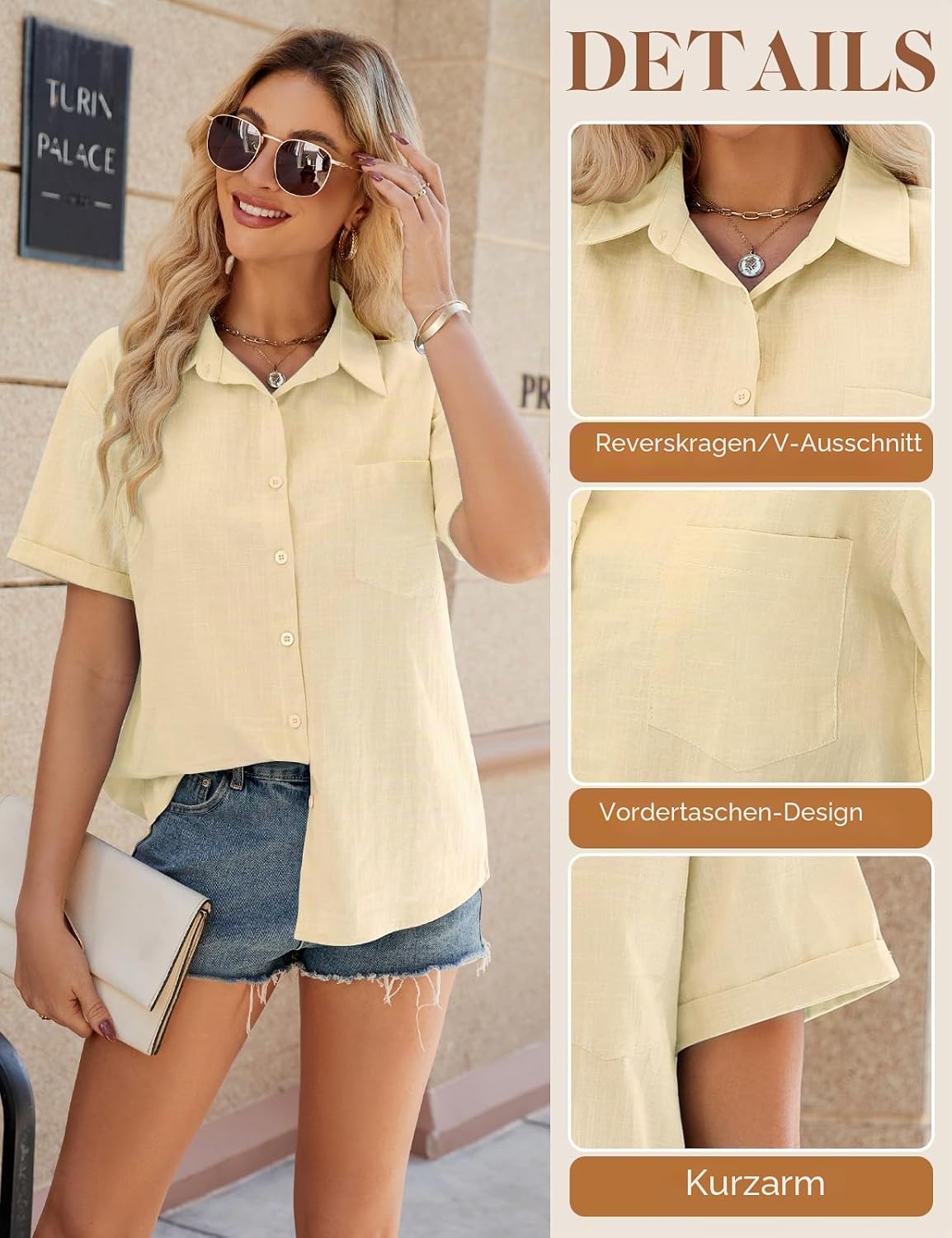 Detalle de UMIPUBO Musselin Bluse Damen – Sommerbluse aus 100% Baumwolle mit V-Ausschnitt und Knöpfen