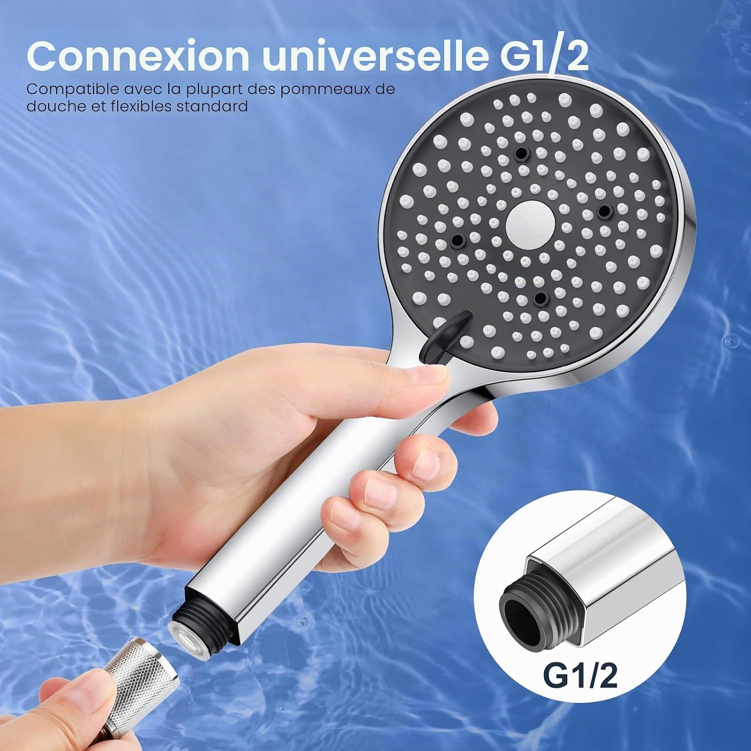 Detalle de YEAUPE Pommeau de douche avec filtre indépendant — 1,6 m, 6 modes, haute pression, anti-calcaire, chrome