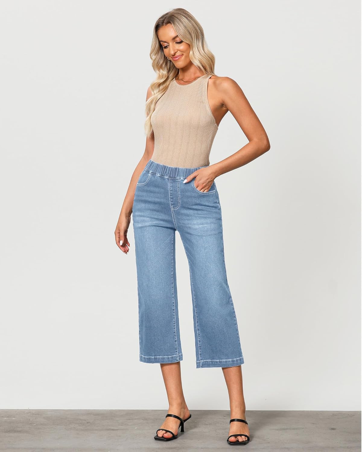 Thumbnail 6 de GRAPENT Capri Jeans for Women: Wide-Leg, High-Waisted Pull-On Denim with Pockets
