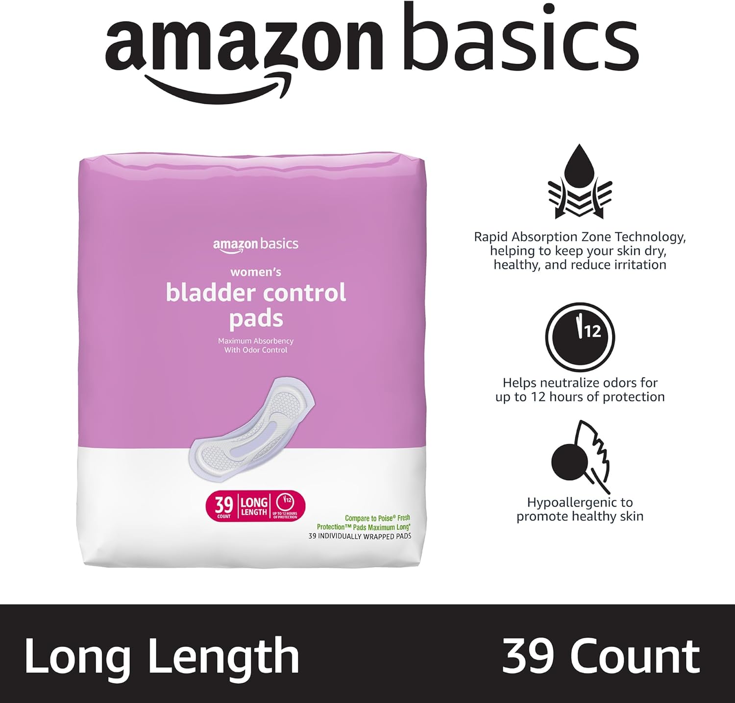 Detalle de Amazon Basics Women's Incontinence Pads, Extra Long, Maximum Absorbency, 39 Count