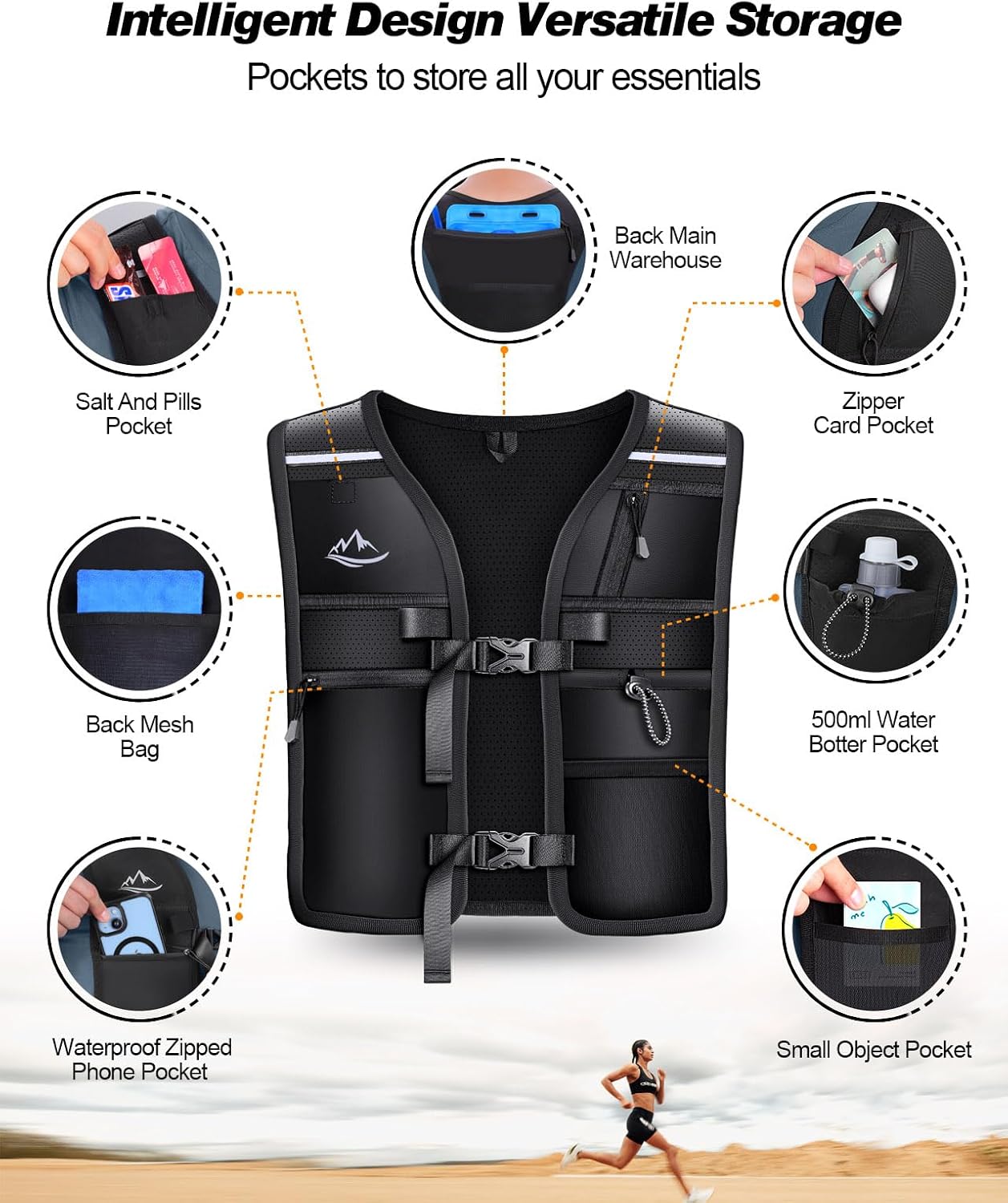 Detalle de ISEYOU Running Vest: Adjustable Unisex Reflective Vest with Waterproof Phone Pocket and 7 Storage Compartments