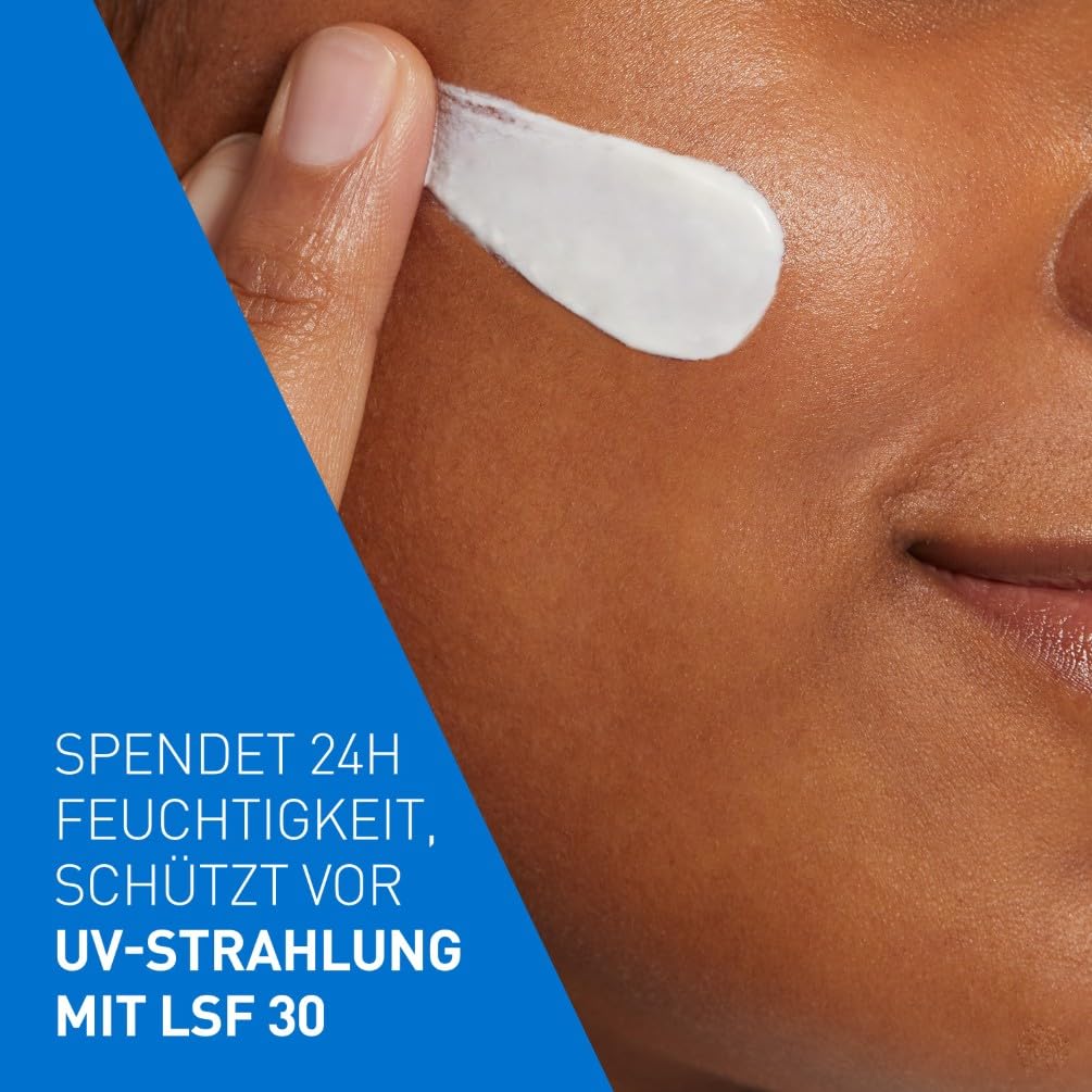 Detalle de CeraVe Feuchtigkeitsspendende Gesichtscreme mit LSF 30 – Beruhigende Tagescreme für normale bis trockene Haut