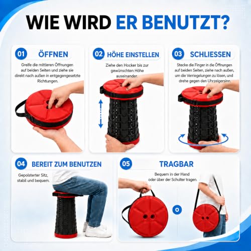 Thumbnail 6 de HAPPY DAYS Klappbarer Hocker Campinghocker 2026 – gepolsterter Sitz, höhenverstellbar, belastbar bis 280 kg