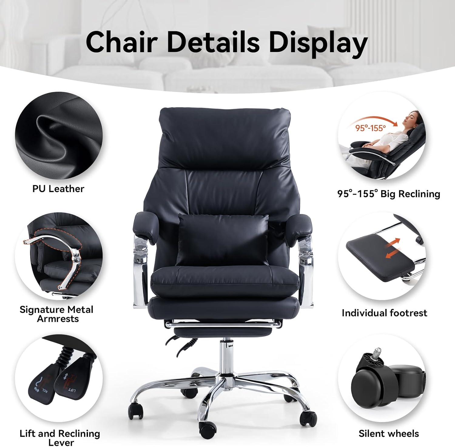 Thumbnail 6 de EMIAH Sedia da Ufficio Direzionale con Poggiapiedi — ergonomia, pelo pelle PU e rotelle per lunghe sessioni di lavoro