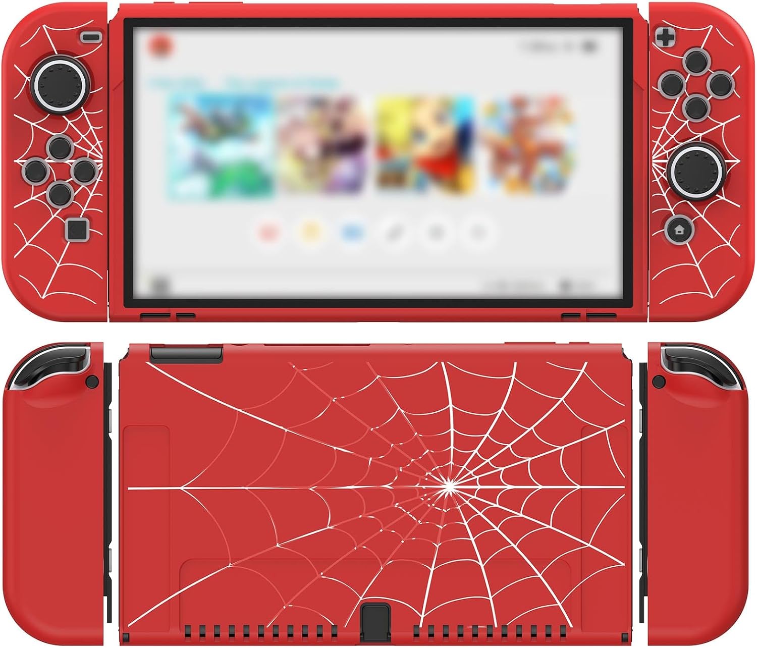 Detalle de JINGDU TPU Case for Nintendo Switch OLED (2021) with 4 Thumb Grips – Red Spider Web