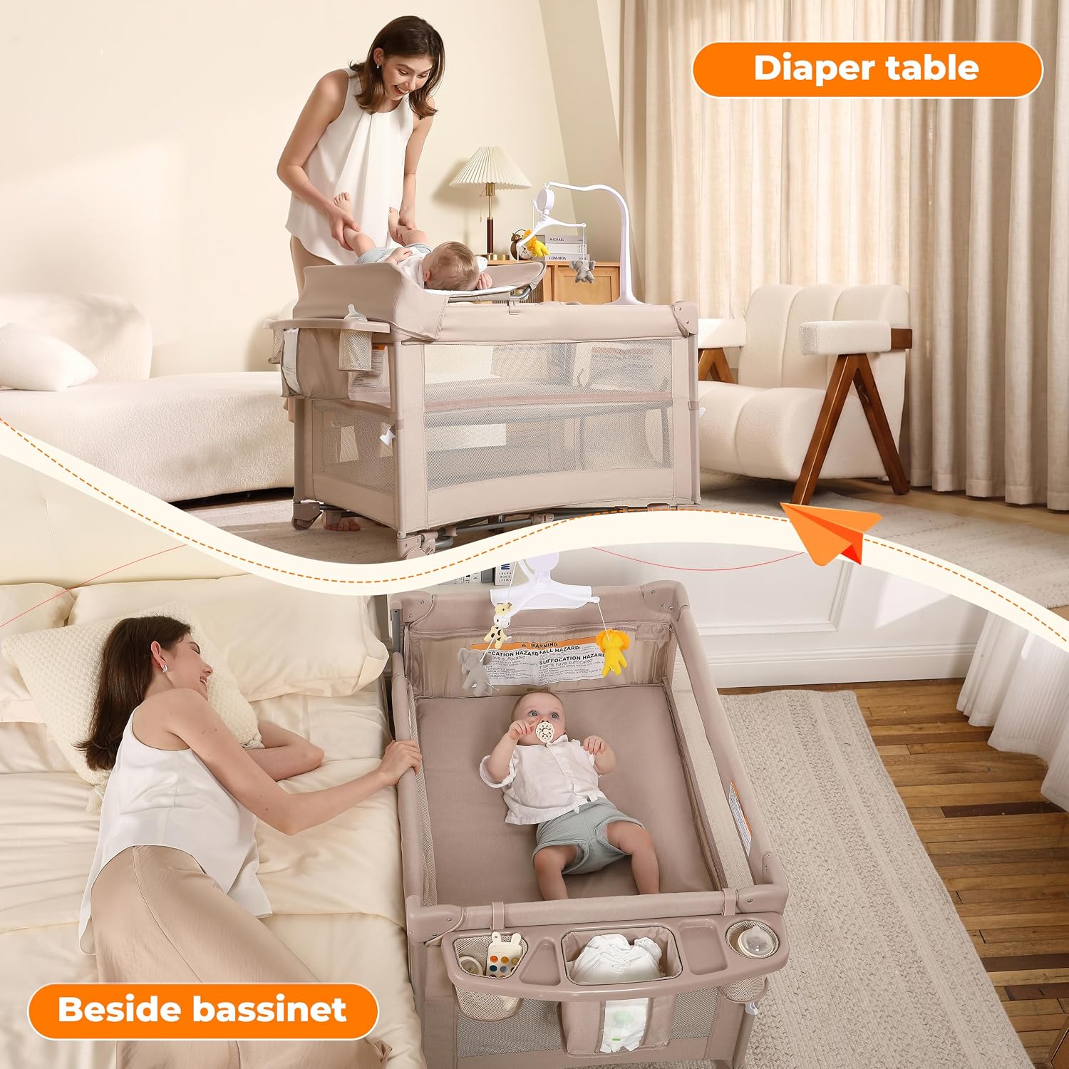 Detalle 2 de Dapue 4-in-1 Baby Playard, Beige Portable Crib with Breathable Mesh
