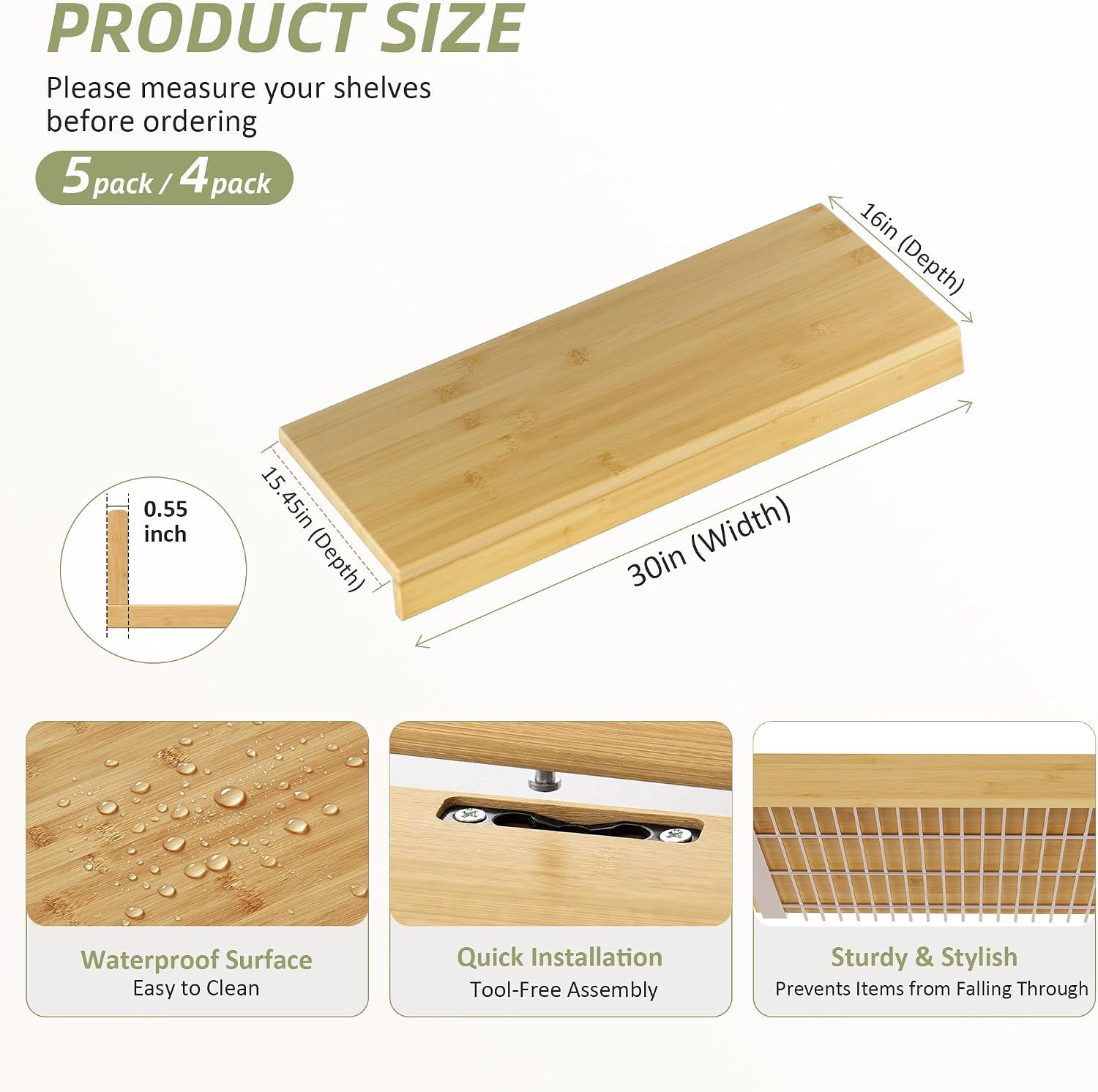 Thumbnail 1 de ClimbHope Bamboo Wire Shelf Covers (5pcs, 30" W x 16" D, Natural)