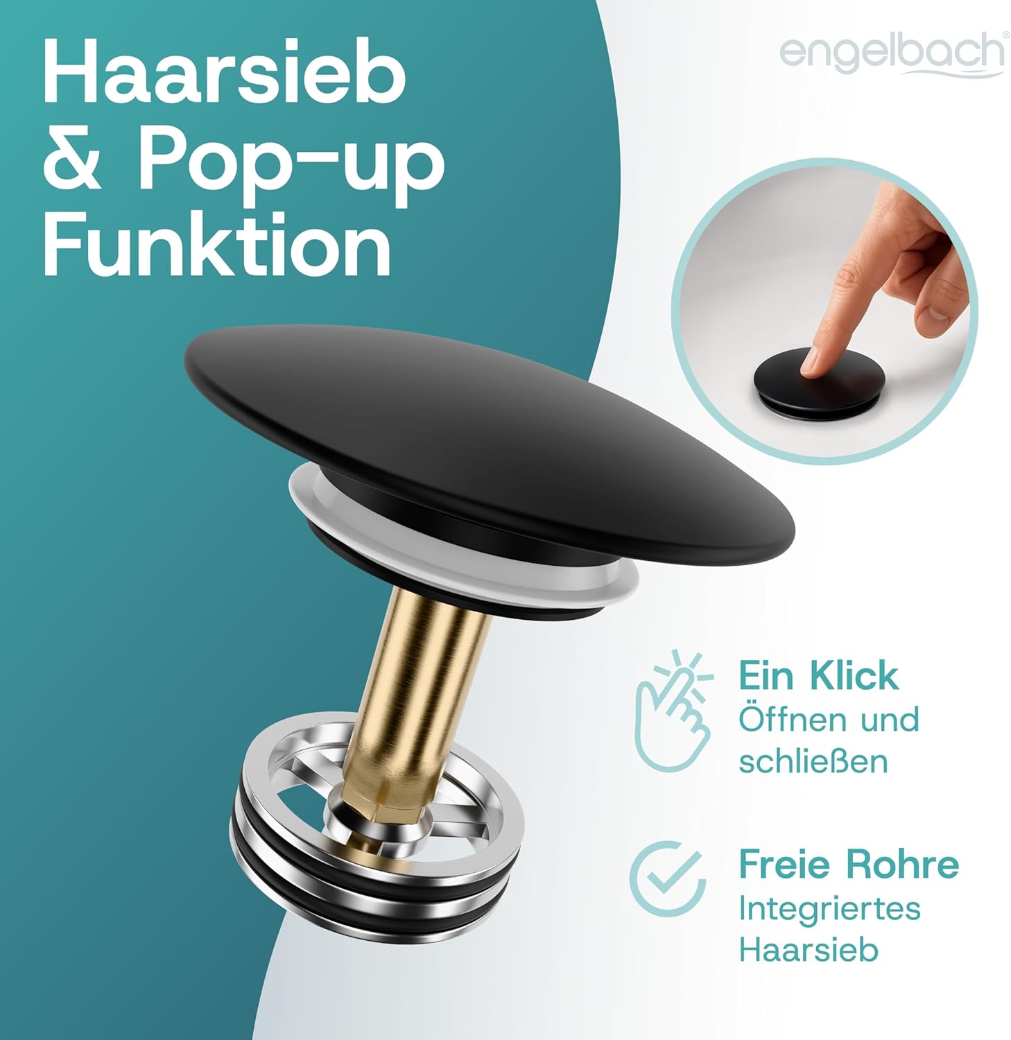 Thumbnail 2 de Engelbach Universal Waschbecken Ablaufgarnitur – Pop-Up Ventil mit Überlauf, herausziehbarem Stöpsel inkl. Haarsieb
