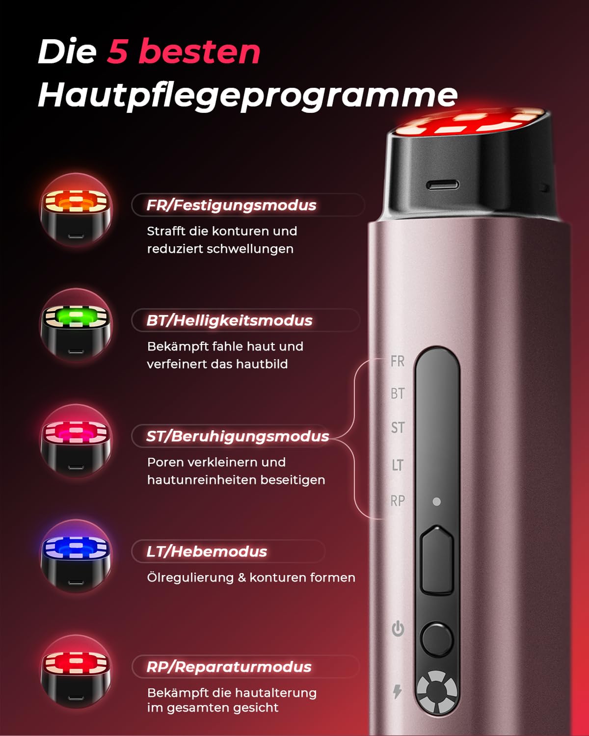 Thumbnail 3 de Gesichtsmassagegerät Radiofrequenz 5-in-1: EMS, LED-Lichttherapie und mehr (Roségold)