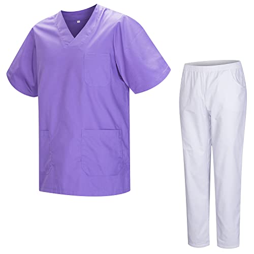 MISEMIYA Uniforme Sanitario Unisex con Pantalón Blanco | 3XL, Lila – Diseño práctico para profesionales de la salud