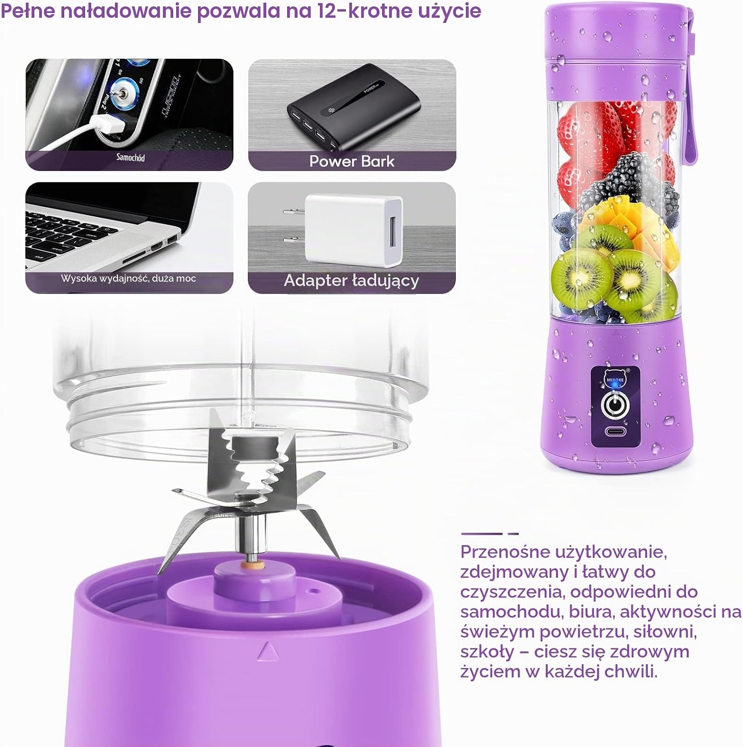 Detalle 1 de MIAOKE GZJ-5 – przenośny blender 349 ml, 6 ostrzy, ładowanie USB