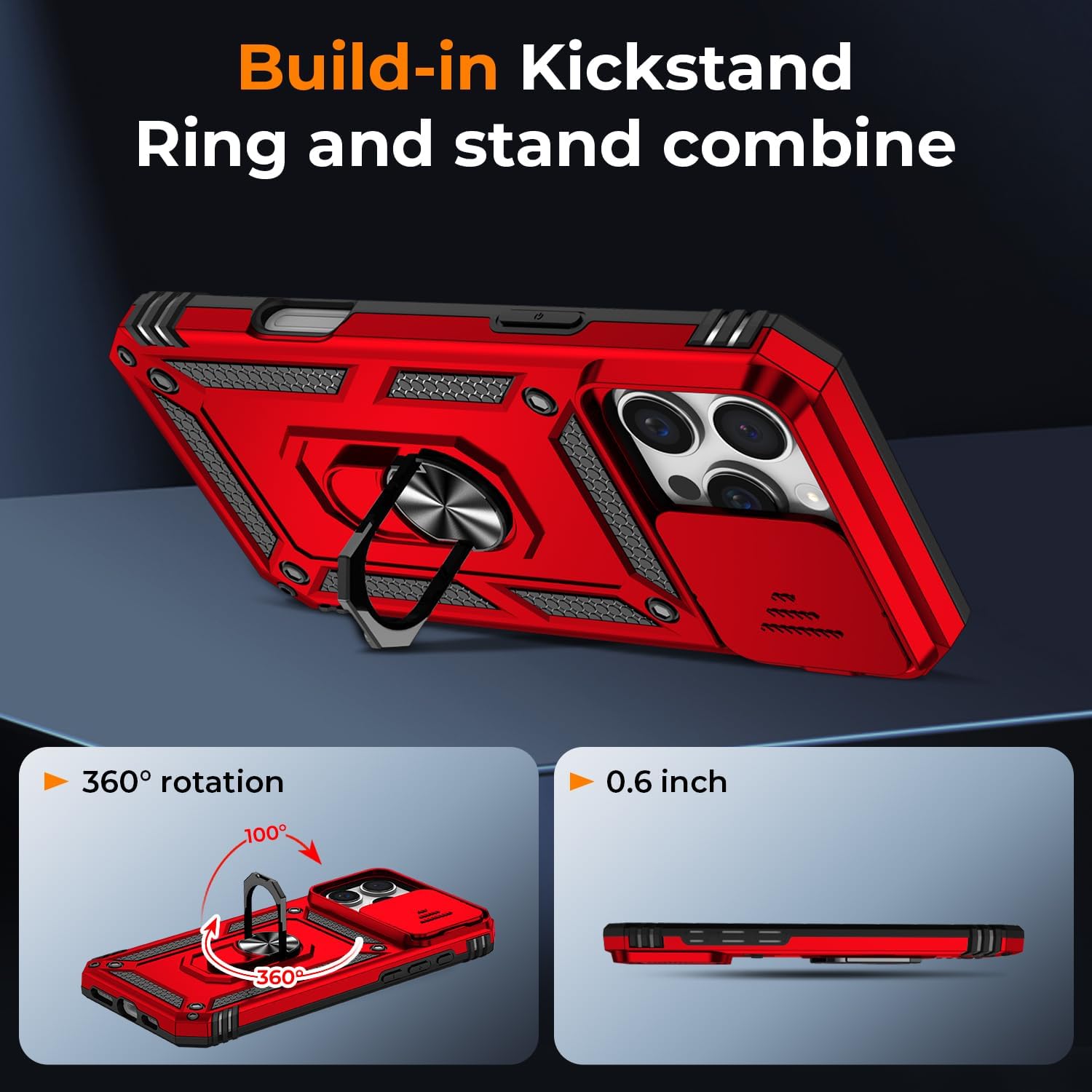 Detalle de HakkTaoo iPhone 16 Pro Max Case, Red, with Camera Cover and Ring Stand