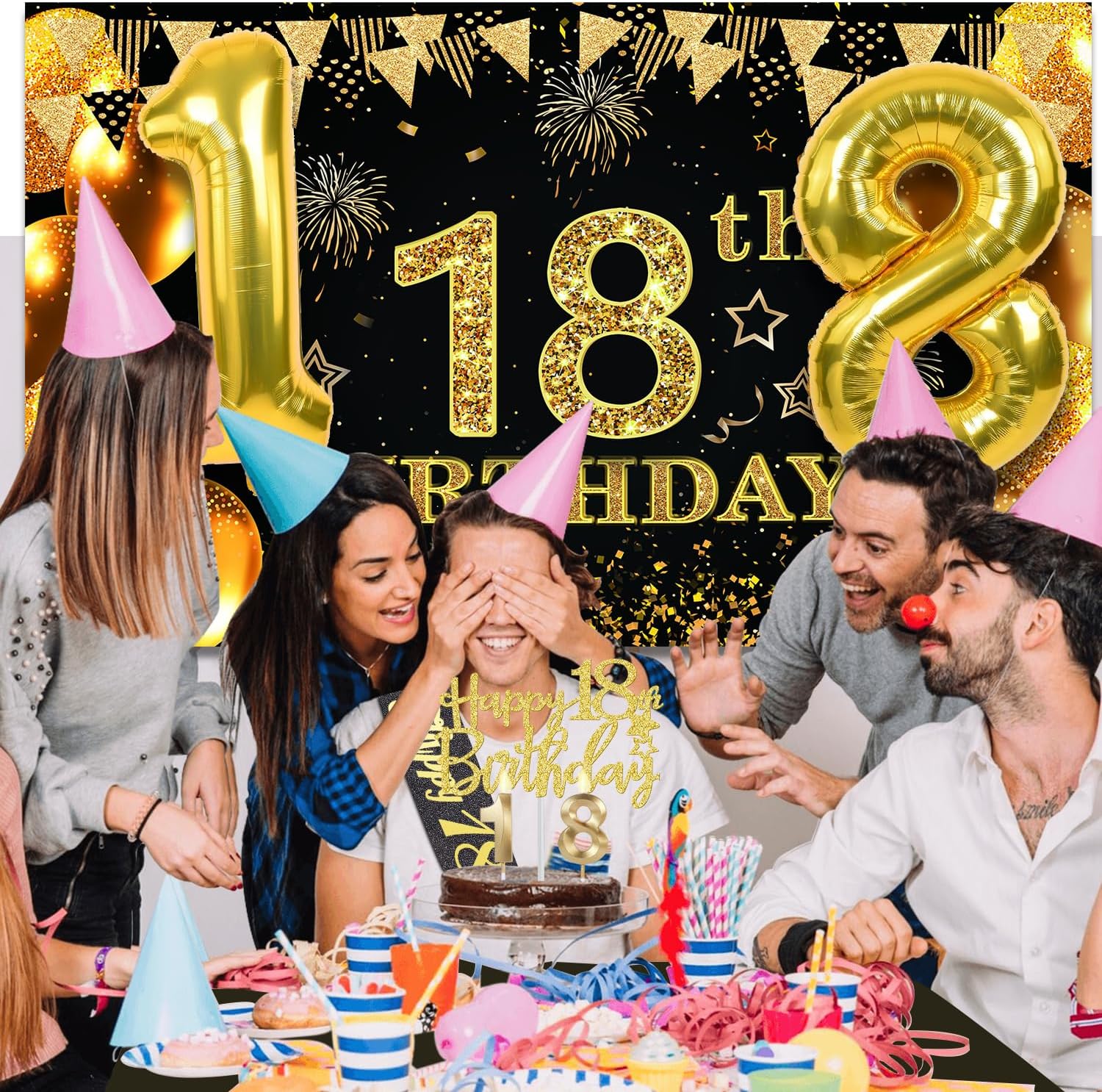 Thumbnail 6 de 18th Birthday Decorations Set in Black and Gold: Banner, Table Cloth, Balloons, Sash, Cake Topper and Candles