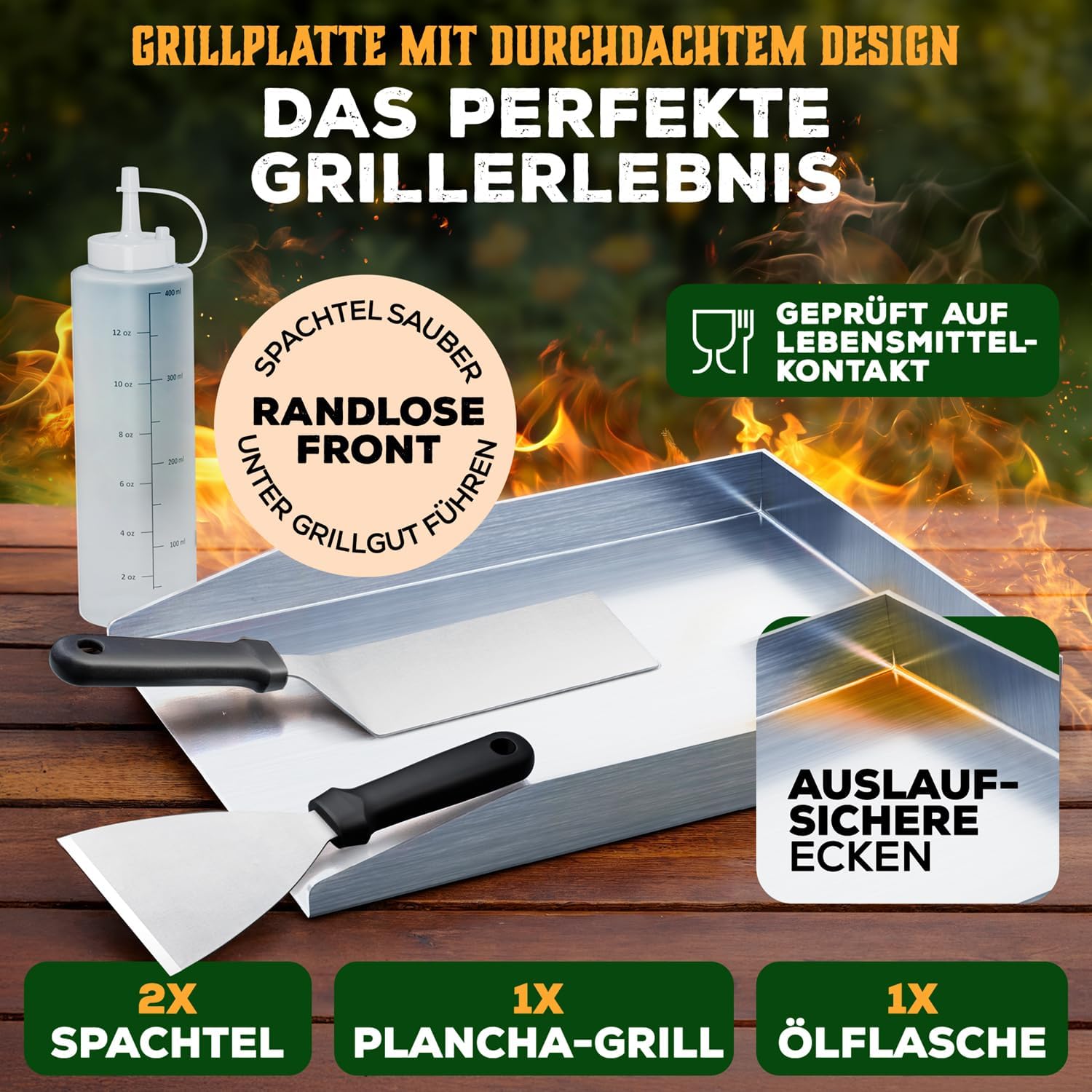 Detalle 2 de Blumtal Grill-Plancha Set aus Edelstahl (30×40 cm) inkl. 2 Spachteln & Ölflasche