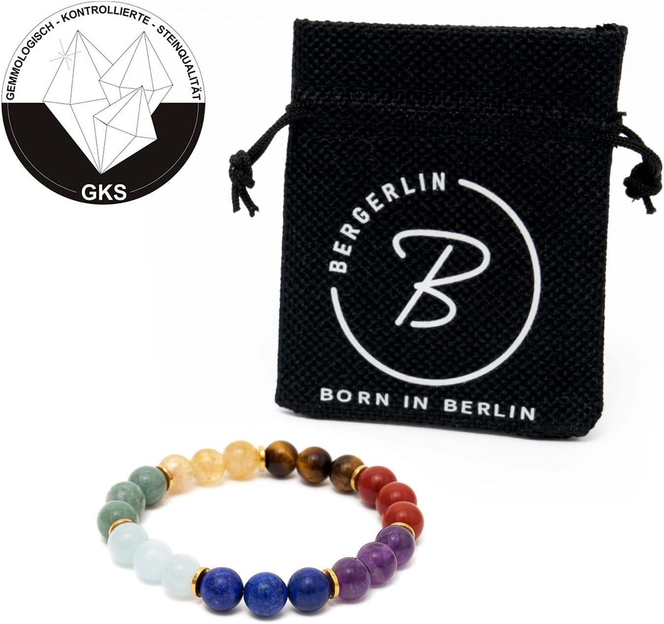Detalle de BERGERLIN 7 Chakra Armband aus Naturstein & Lavastein – zertifiziert (EPI) mit Echtheitszertifikat