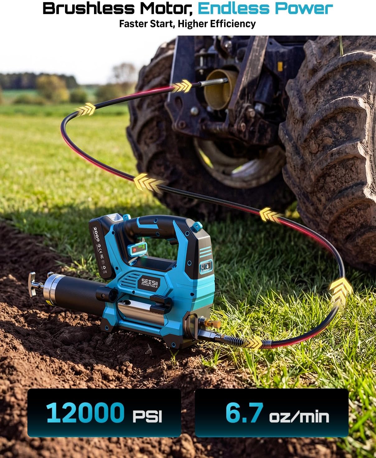 Detalle 2 de Seesii GR02 Utral-CA Cordless Grease Gun, 12,000 PSI, 3 Speeds, 48" Hose