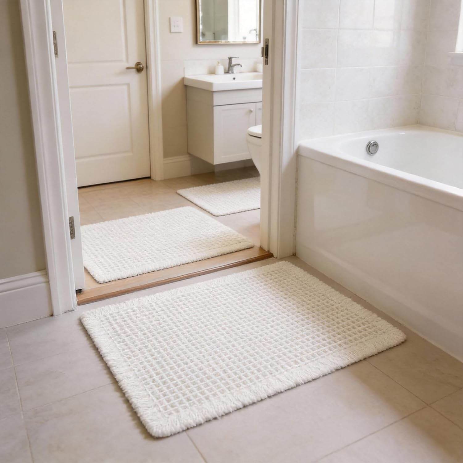 Thumbnail 5 de ZVFFDG Set of 2 Waffle Bath Rugs (Cream White) – Large Non-Slip, Ultra-Soft Absorbent Mats 17x24 and 18x30