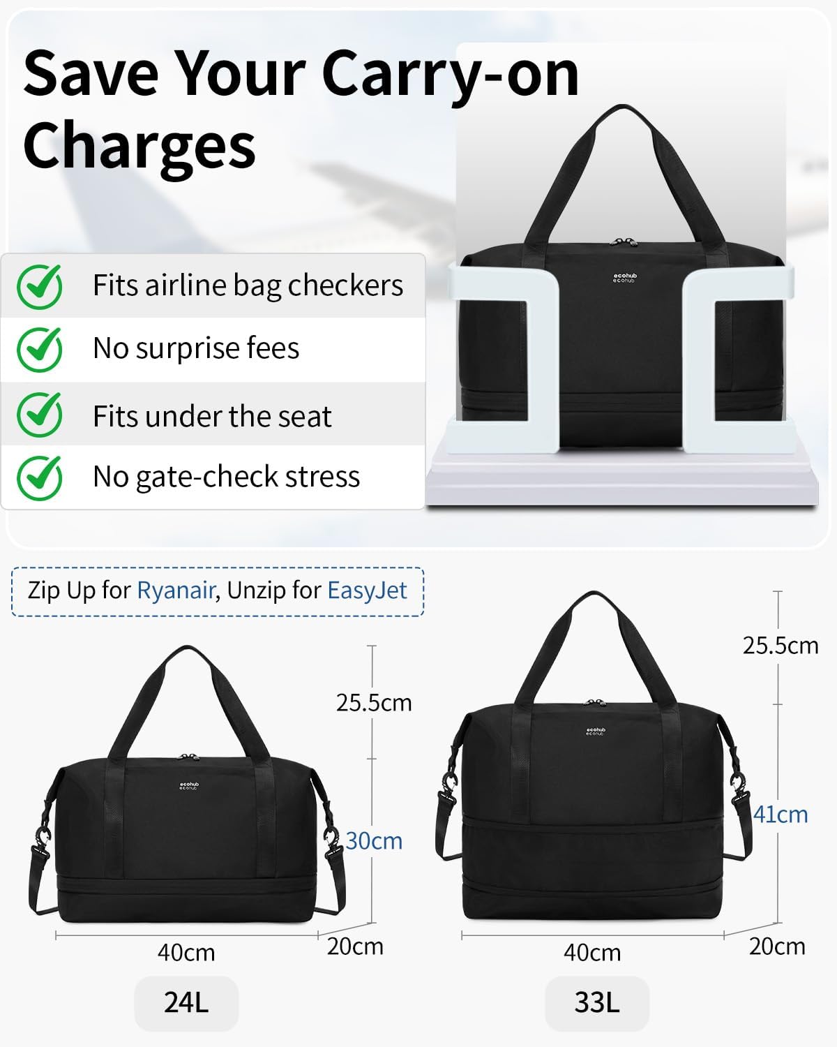 Thumbnail 1 de ECOHUB for Ryanair Cabin Bags 40x30x20cm expandable underseat bag with wet pocket (Black)