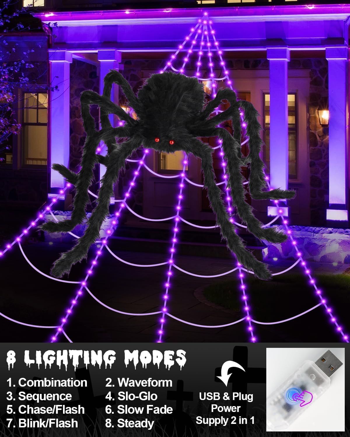 Detalle 2 de ECOHDT spider web-purple Halloween Spider Web Lights, 250 Purple LEDs, Remote