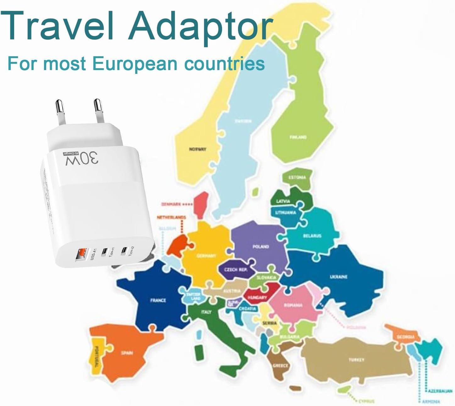 Detalle de EU Plug Travel Adapter Charger with 2 USB-C and 1 USB-A — 30W PD Fast Charging