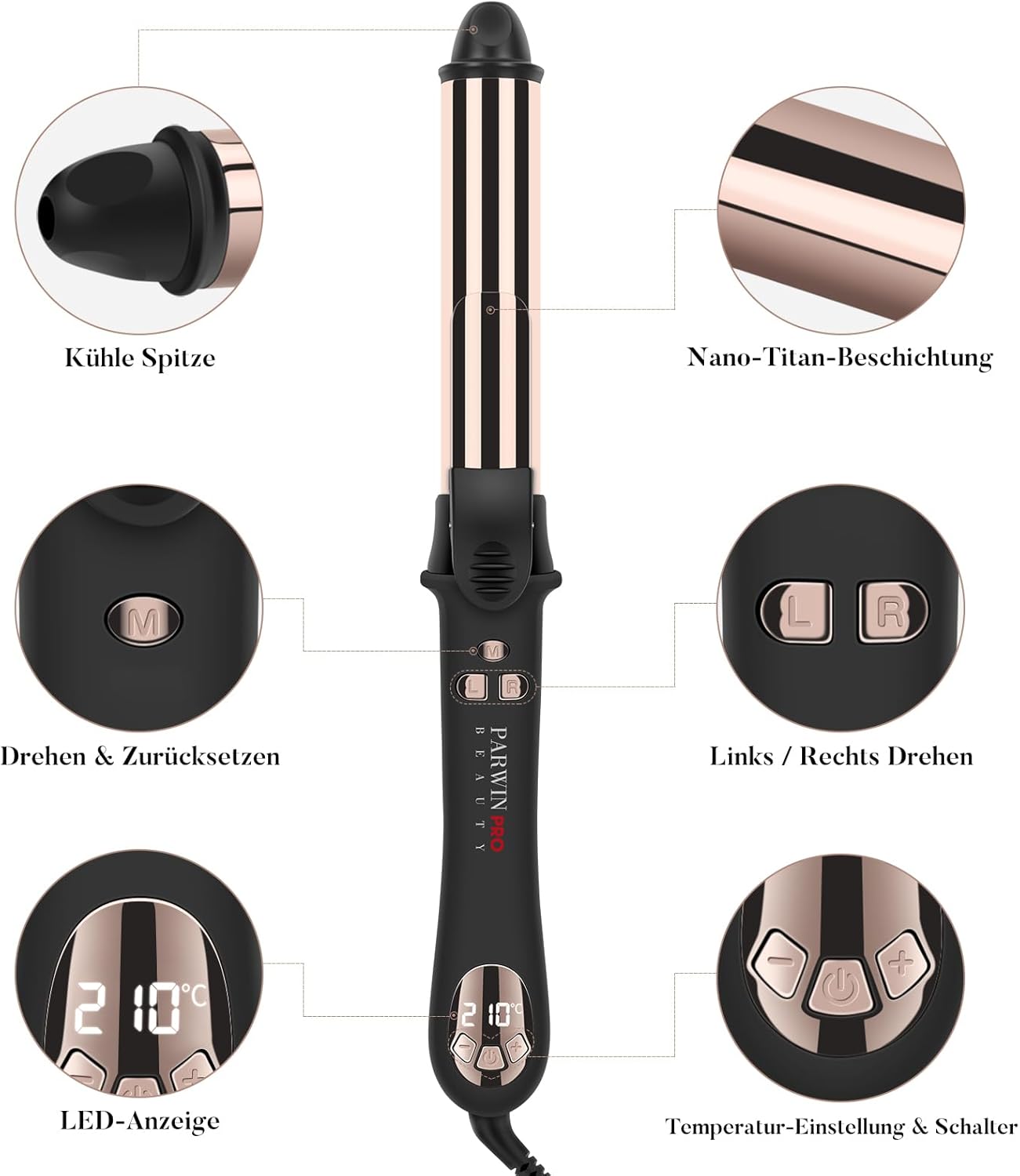 Thumbnail 5 de PARWIN PRO BEAUTY 360° rotierender Lockenstab mit 32 mm, Nano-Titan-Beschichtung & LCD (120–210 °C)