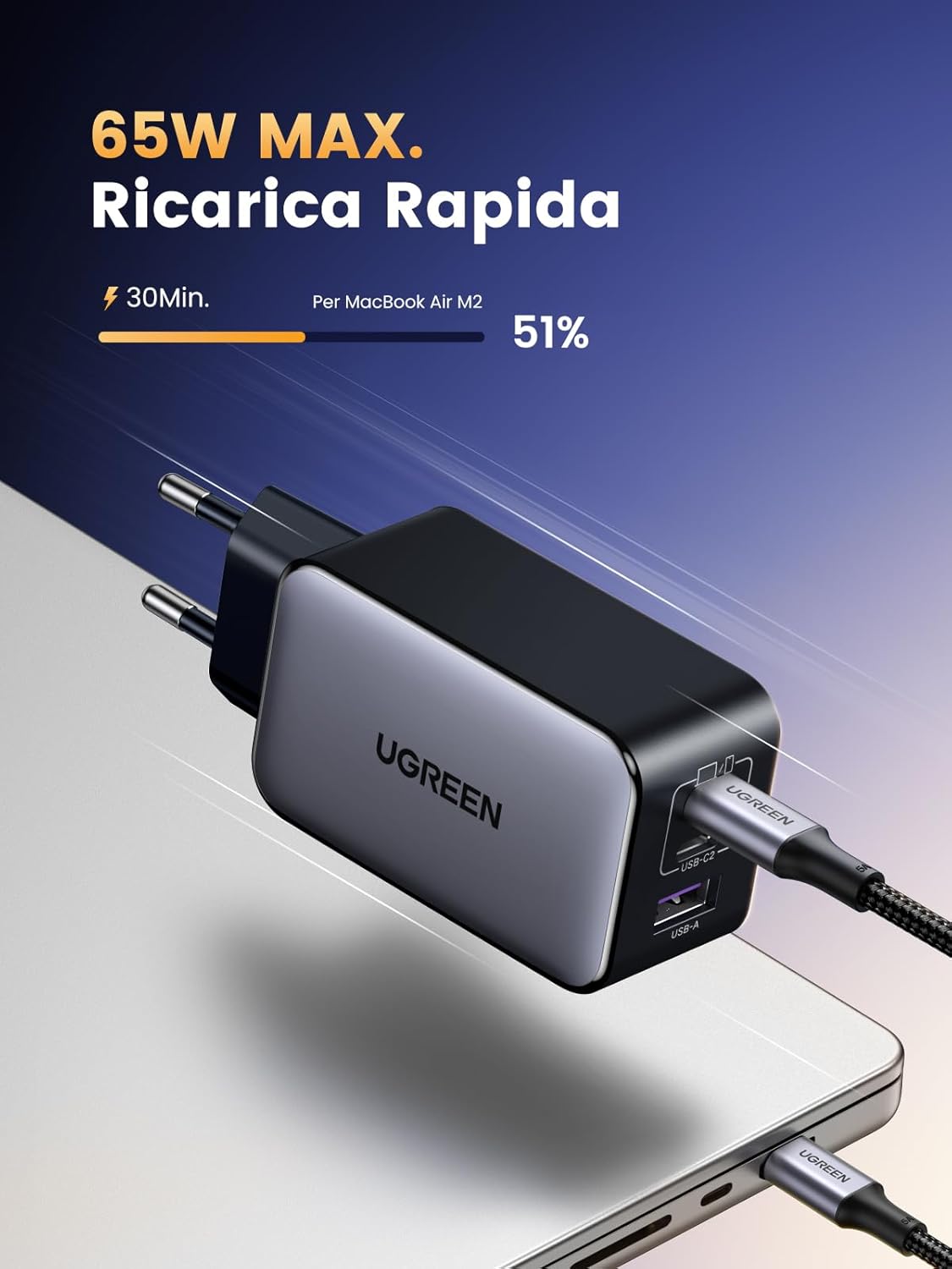 Detalle de UGREEN Nexode 65W caricabatterie USB-C 3 porte ⚡